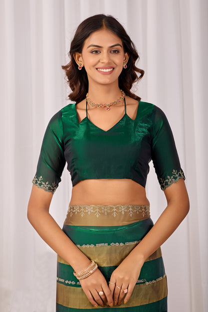 SANCHITA Satin Embellished Embroidered Saree - Bottle Green
