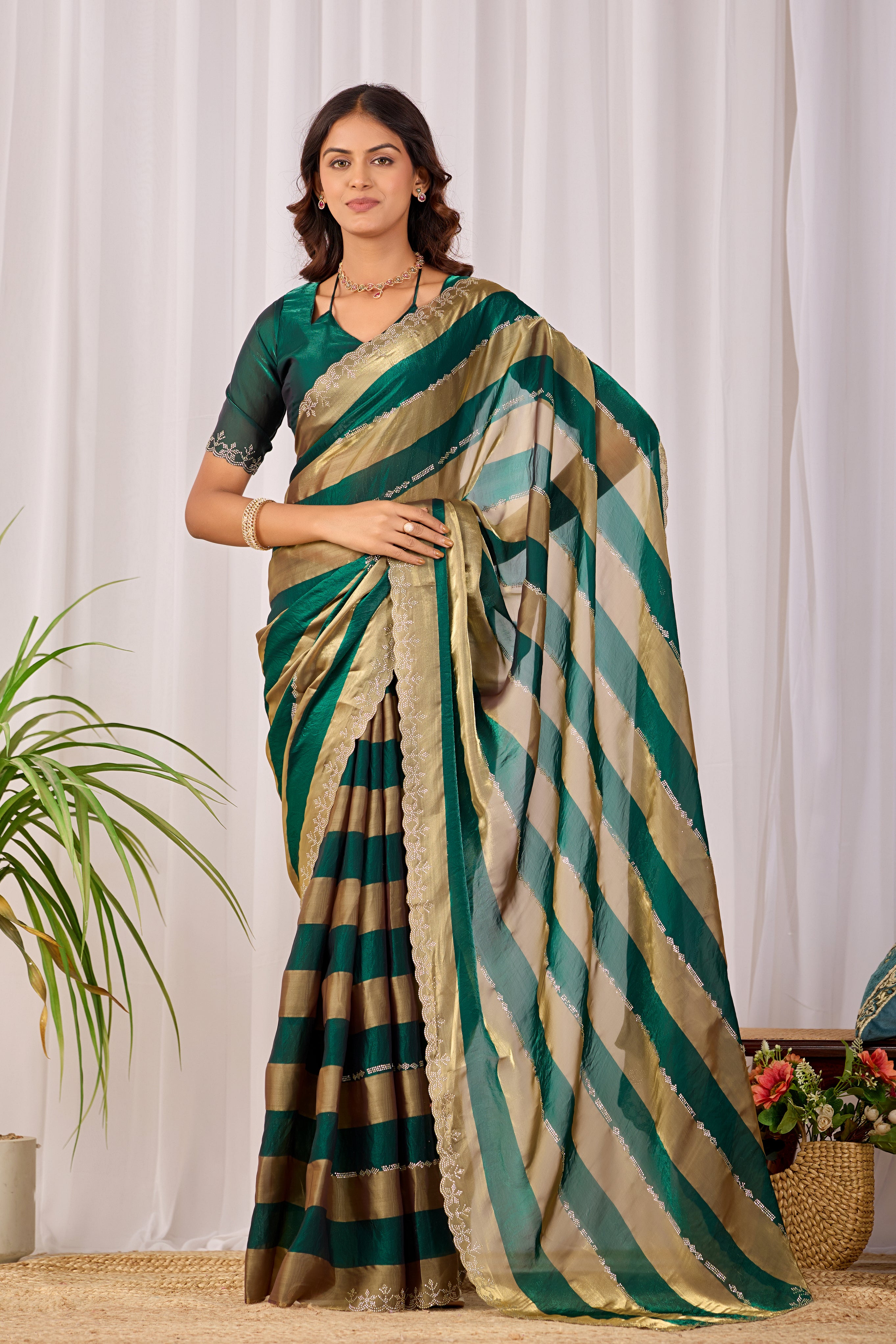 SANCHITA Satin Embellished Embroidered Saree - Bottle Green