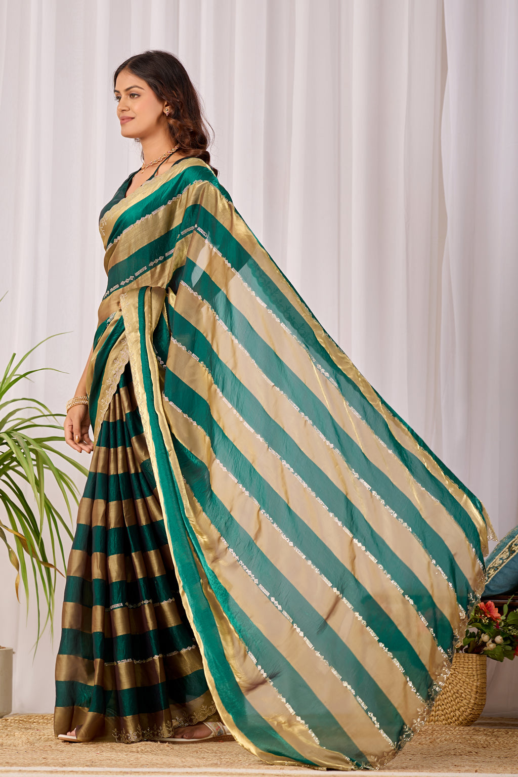 SANCHITA Satin Embellished Embroidered Saree - Bottle Green