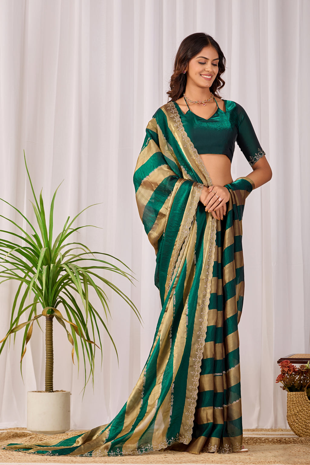 SANCHITA Satin Embellished Embroidered Saree - Bottle Green