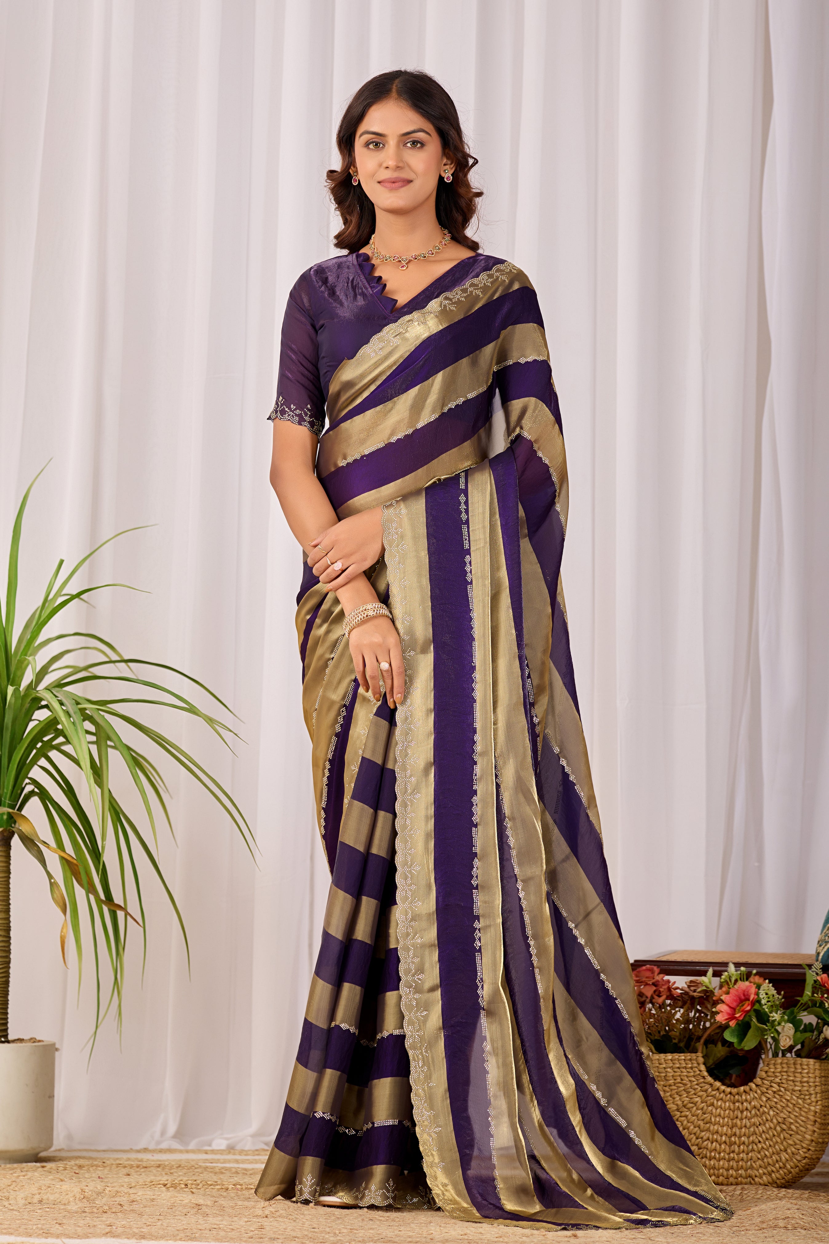 SANCHITA Satin Embellished Embroidered Saree - Jamli