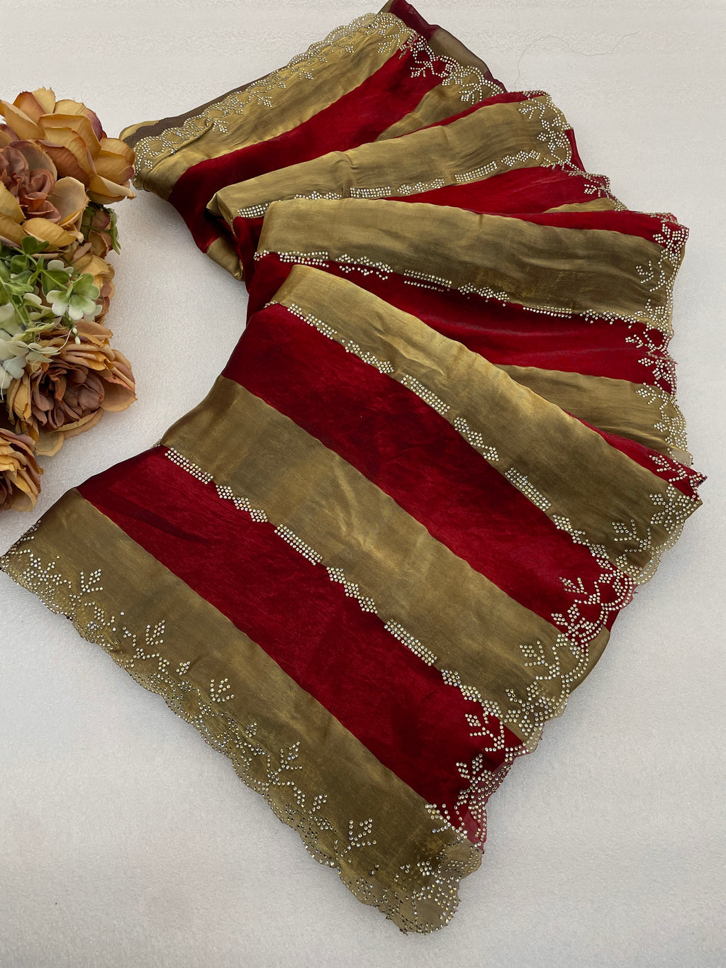 SANCHITA Satin Embellished Embroidered Saree - Maroon
