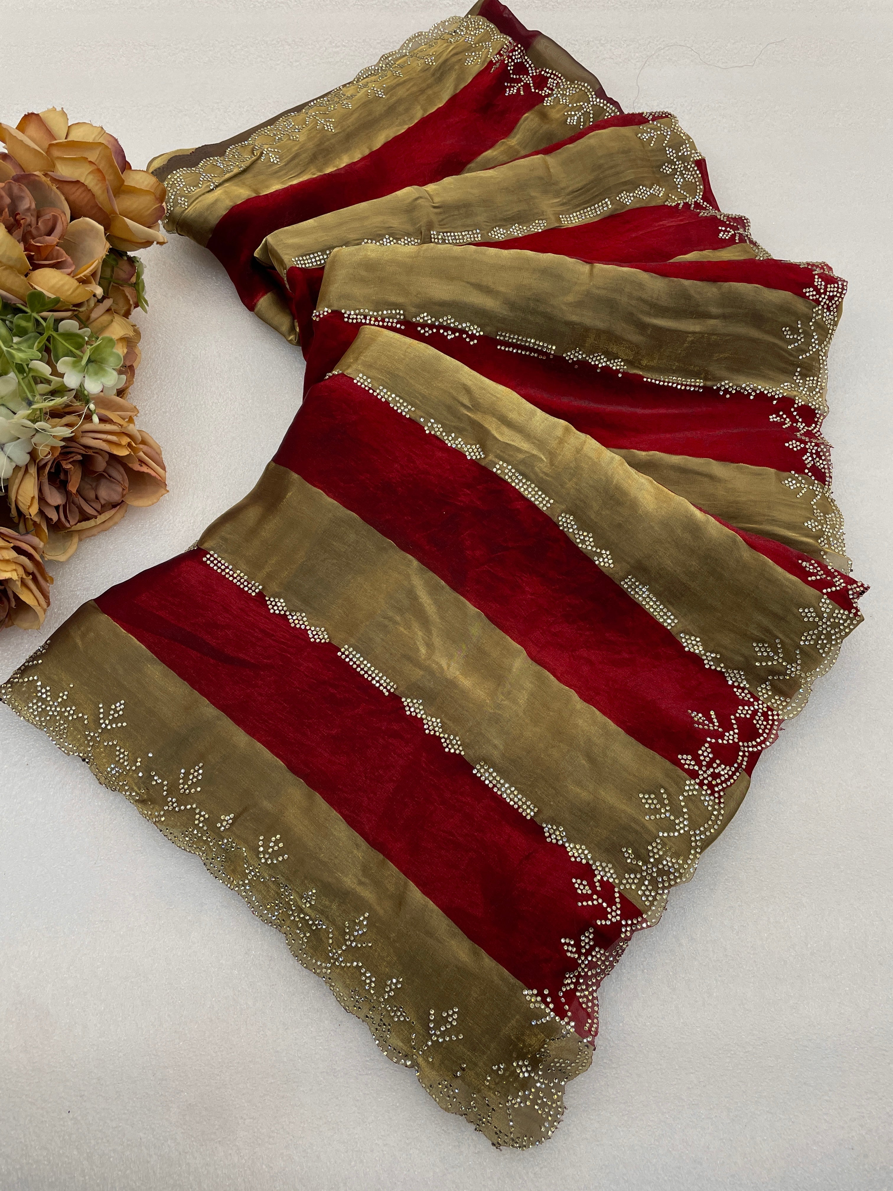 SANCHITA Satin Embellished Embroidered Saree - Maroon