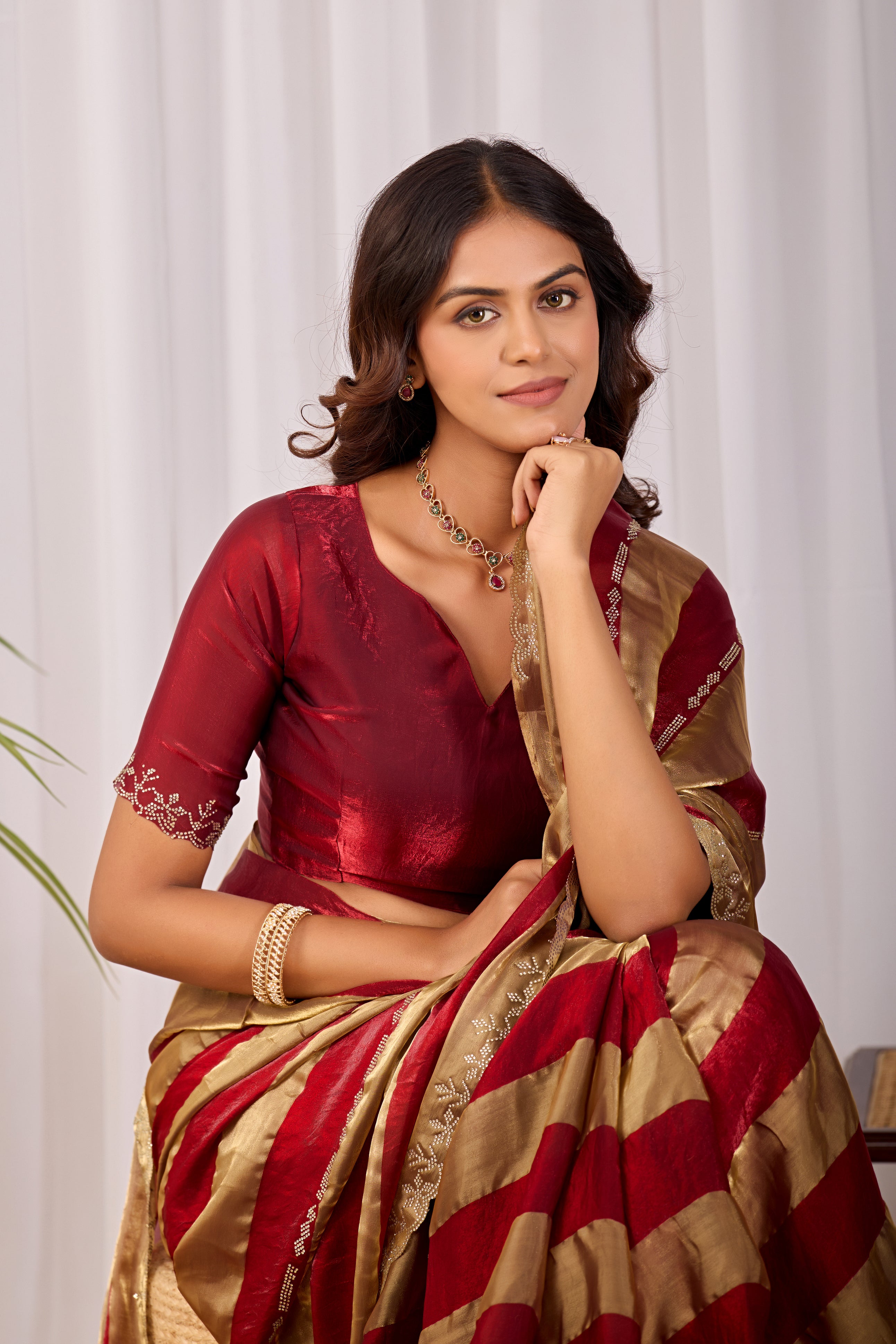 SANCHITA Satin Embellished Embroidered Saree - Maroon