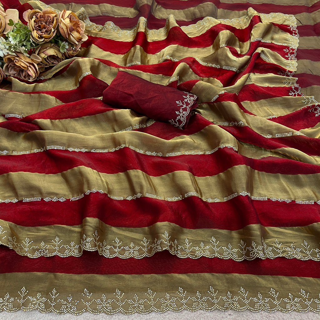 SANCHITA Satin Embellished Embroidered Saree - Maroon
