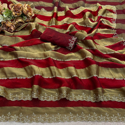 SANCHITA Satin Embellished Embroidered Saree - Maroon