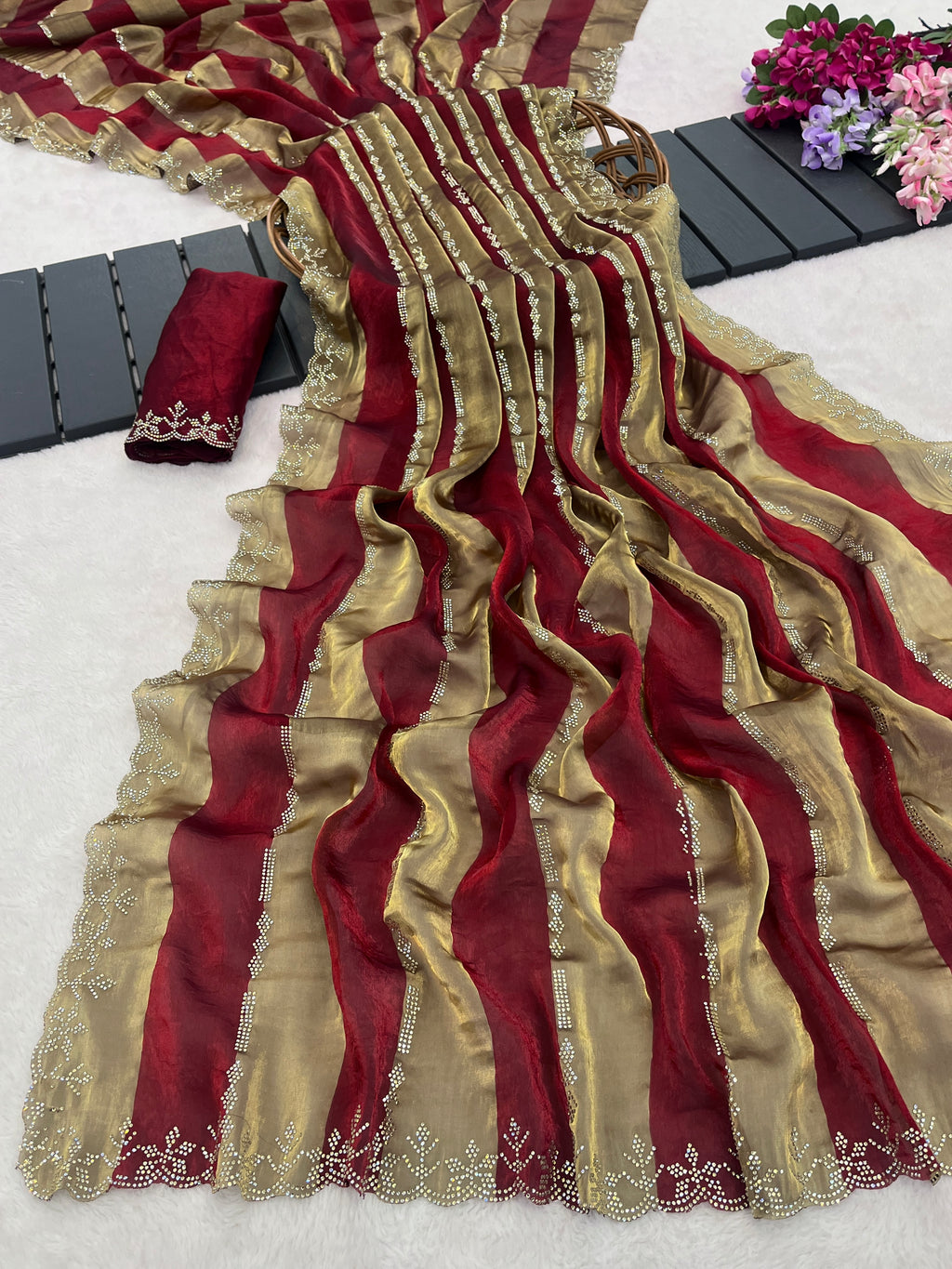 SANCHITA Satin Embellished Embroidered Saree - Maroon
