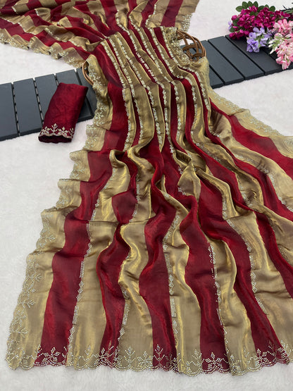 SANCHITA Satin Embellished Embroidered Saree - Maroon