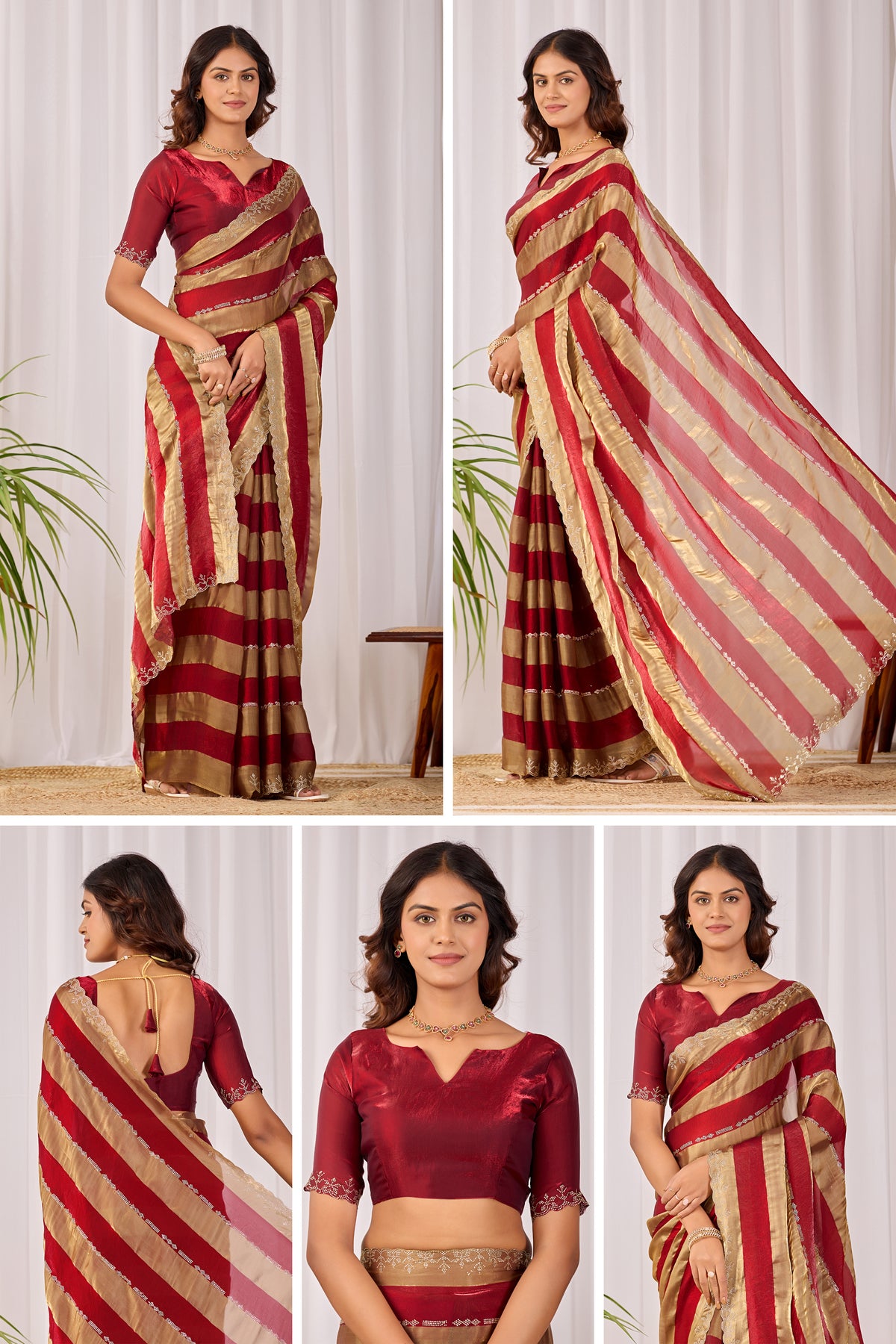 SANCHITA Satin Embellished Embroidered Saree - Maroon