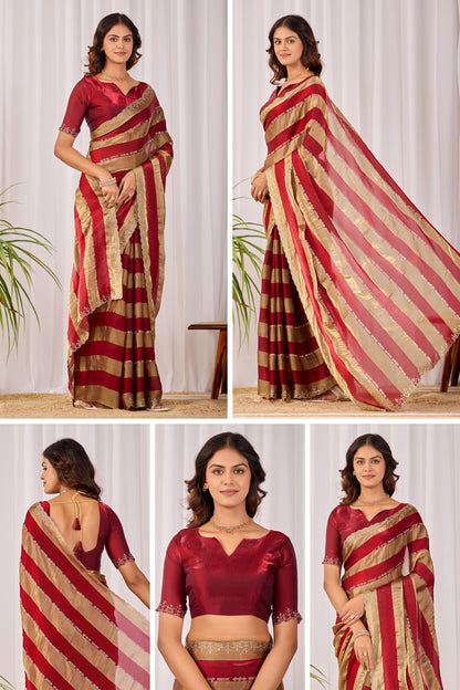 SANCHITA Satin Embellished Embroidered Saree - Maroon