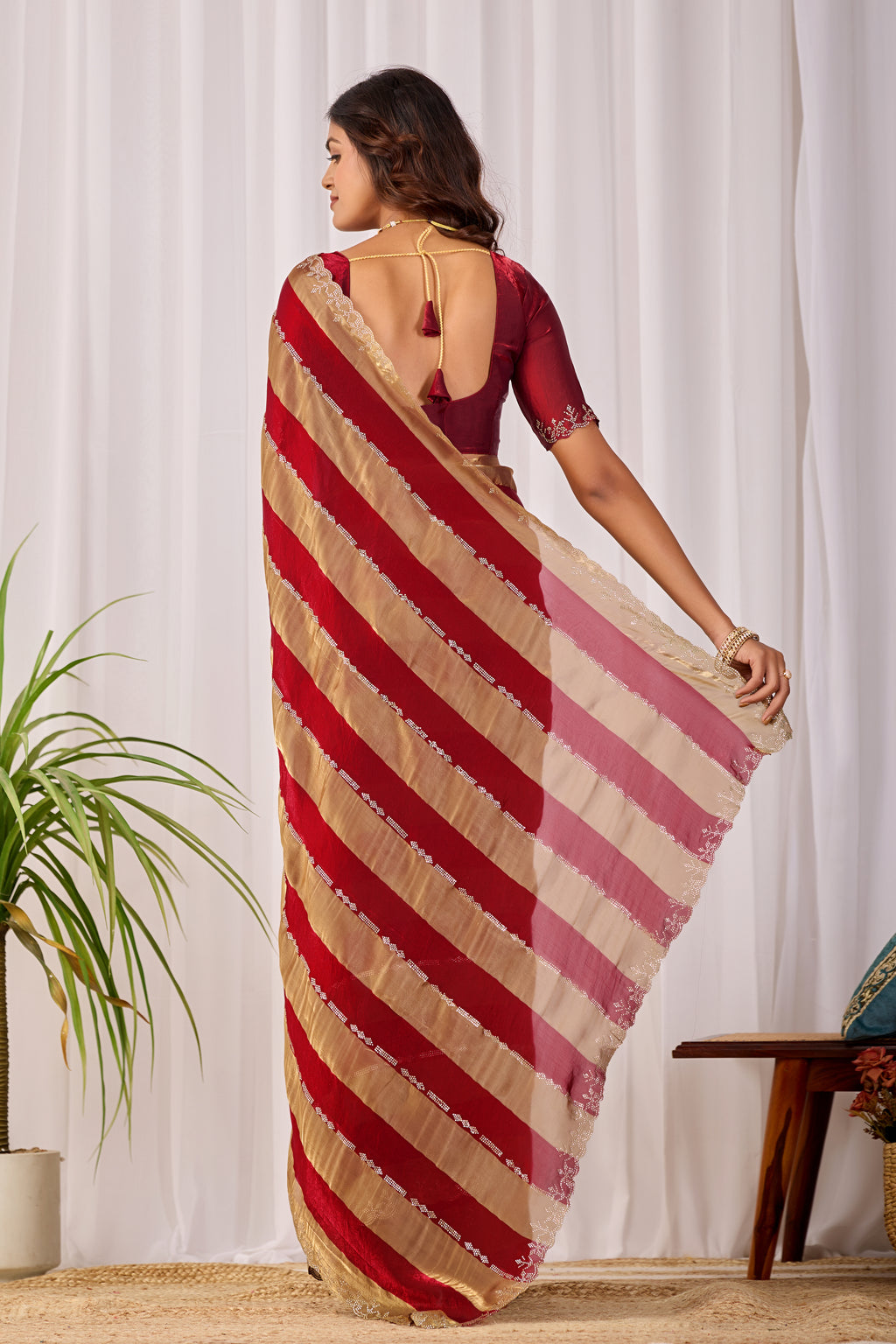 SANCHITA Satin Embellished Embroidered Saree - Maroon
