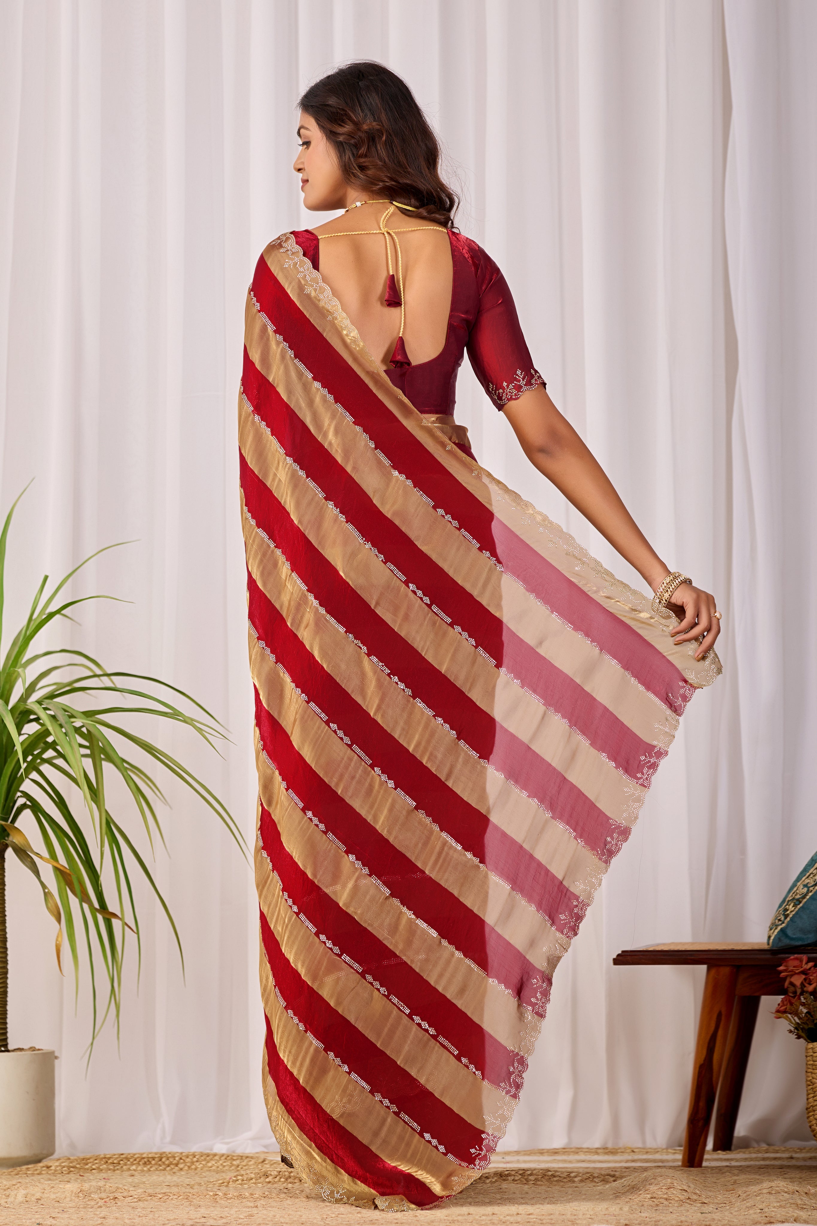 SANCHITA Satin Embellished Embroidered Saree - Maroon