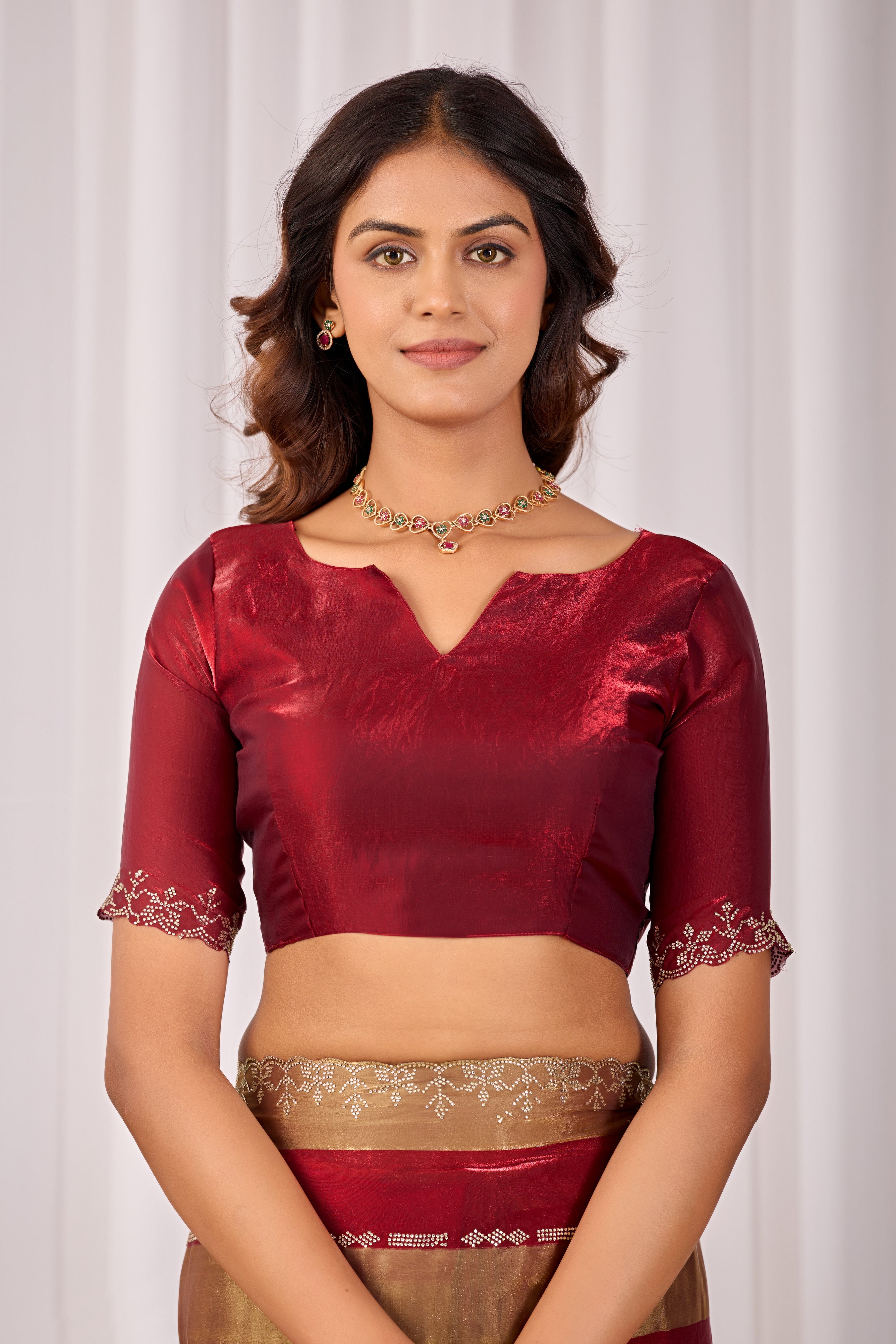 SANCHITA Satin Embellished Embroidered Saree - Maroon