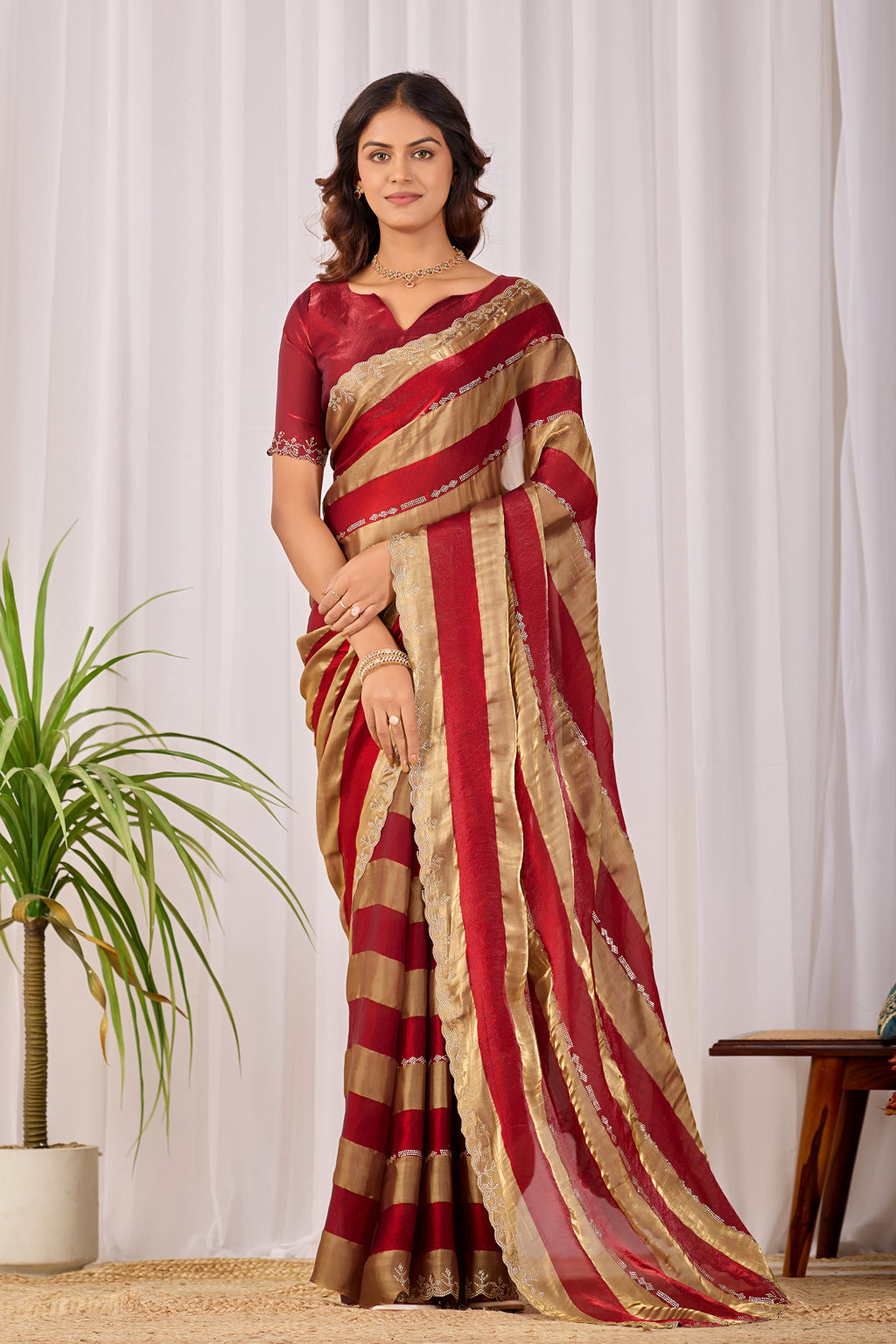SANCHITA Satin Embellished Embroidered Saree - Maroon