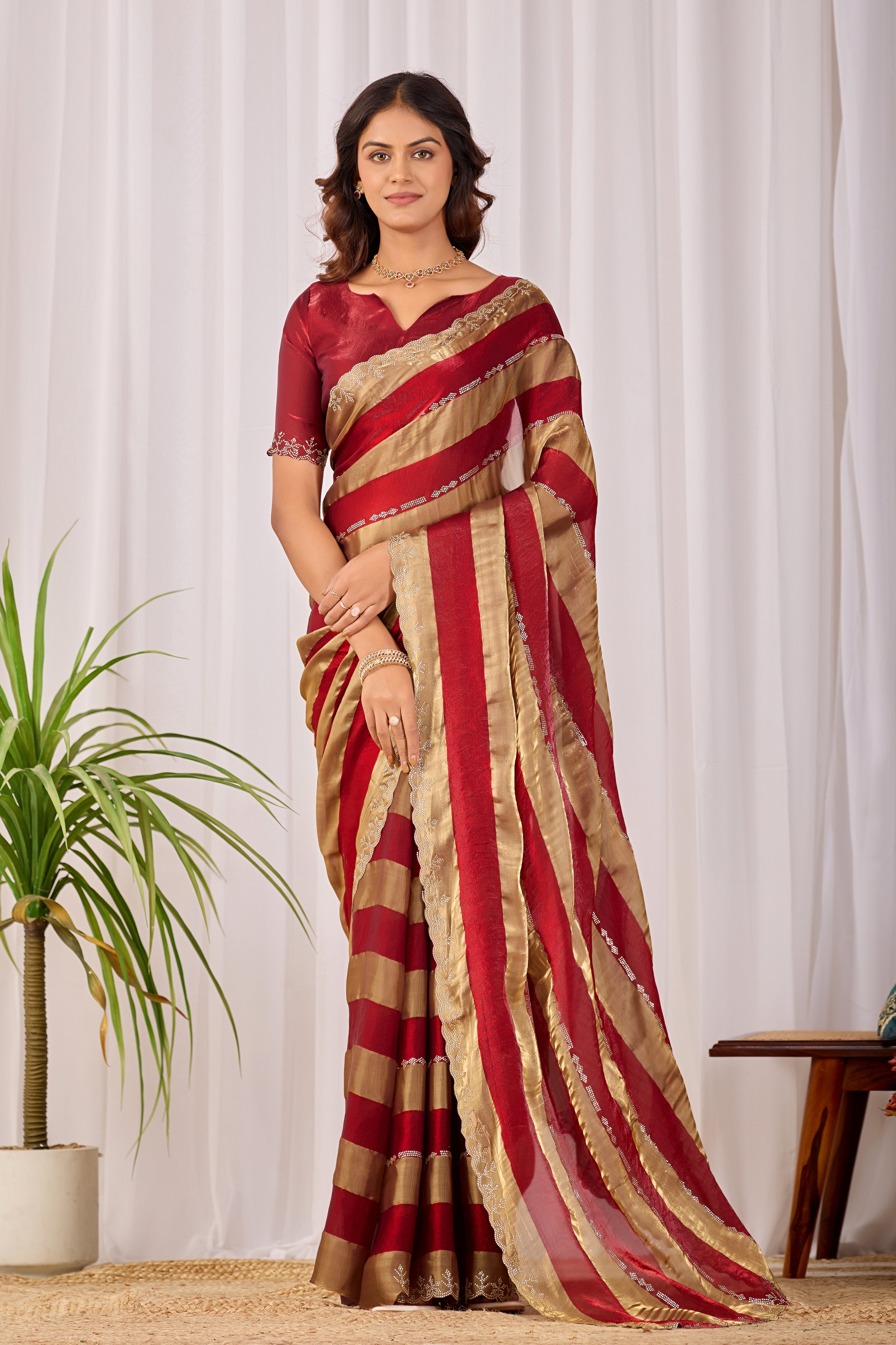 SANCHITA Satin Embellished Embroidered Saree - Maroon
