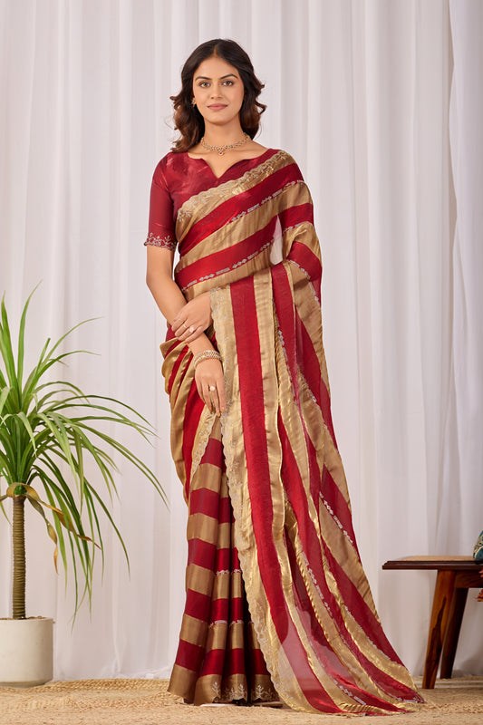 SANCHITA Satin Embellished Embroidered Saree - Maroon