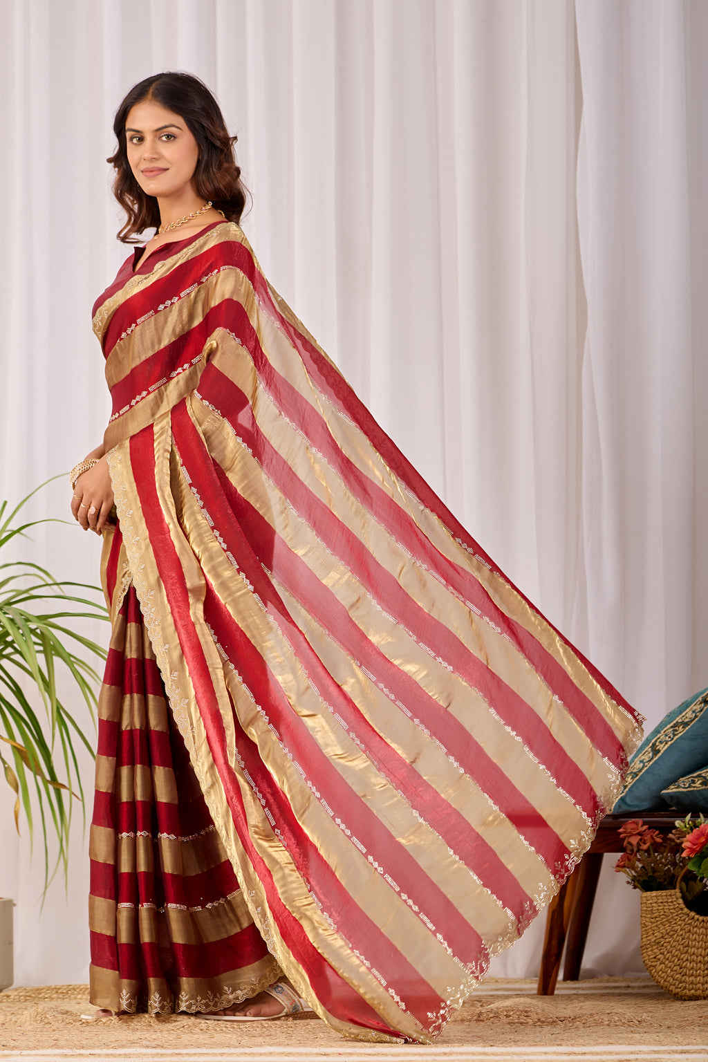 SANCHITA Satin Embellished Embroidered Saree - Maroon