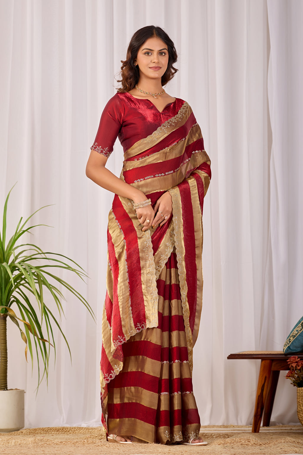 SANCHITA Satin Embellished Embroidered Saree - Maroon