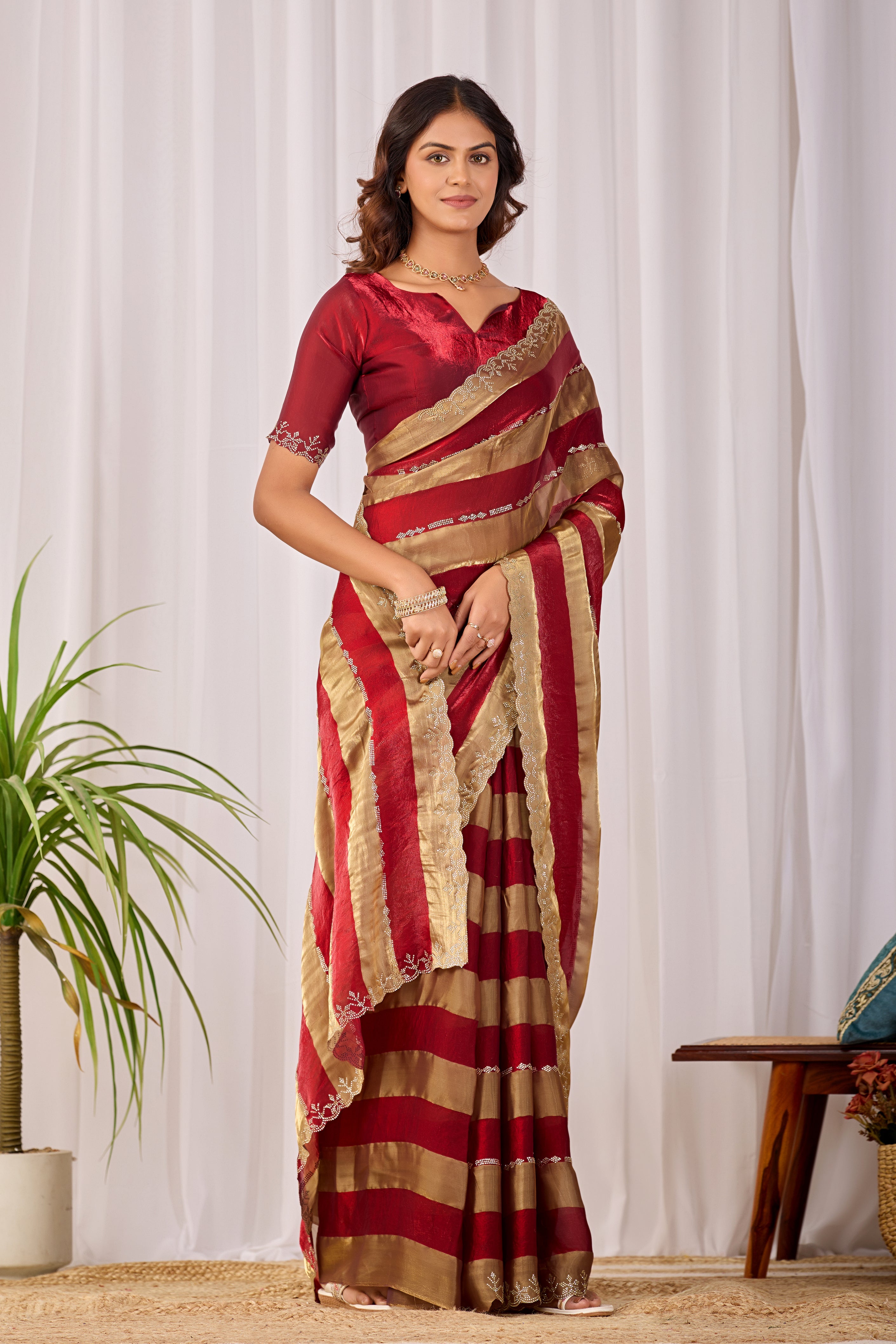 SANCHITA Satin Embellished Embroidered Saree - Maroon