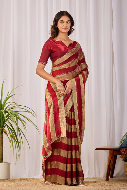 SANCHITA Satin Embellished Embroidered Saree - Maroon
