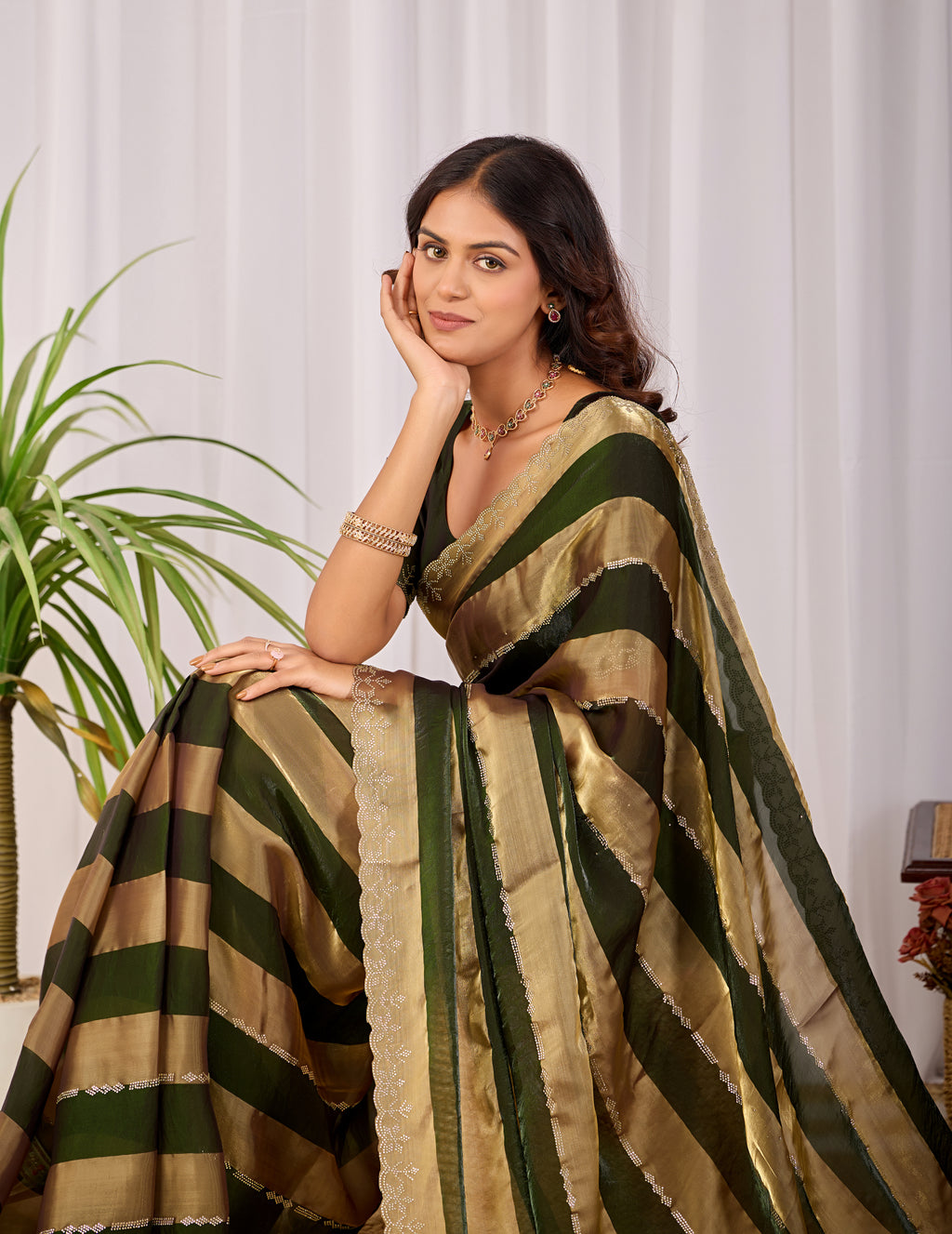 SANCHITA Satin Embellished Embroidered Saree - Mehendi