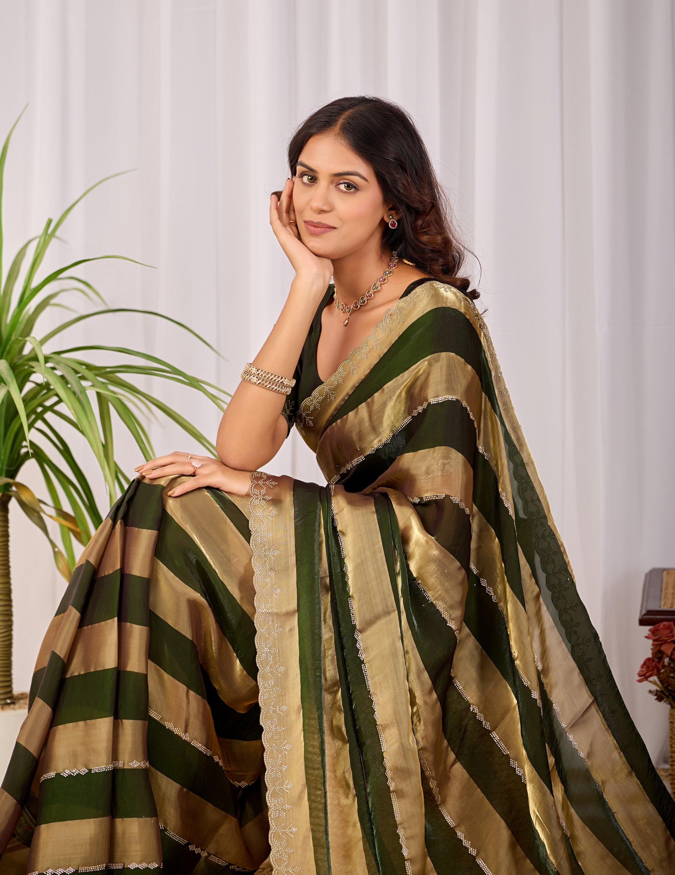 SANCHITA Satin Embellished Embroidered Saree - Mehendi