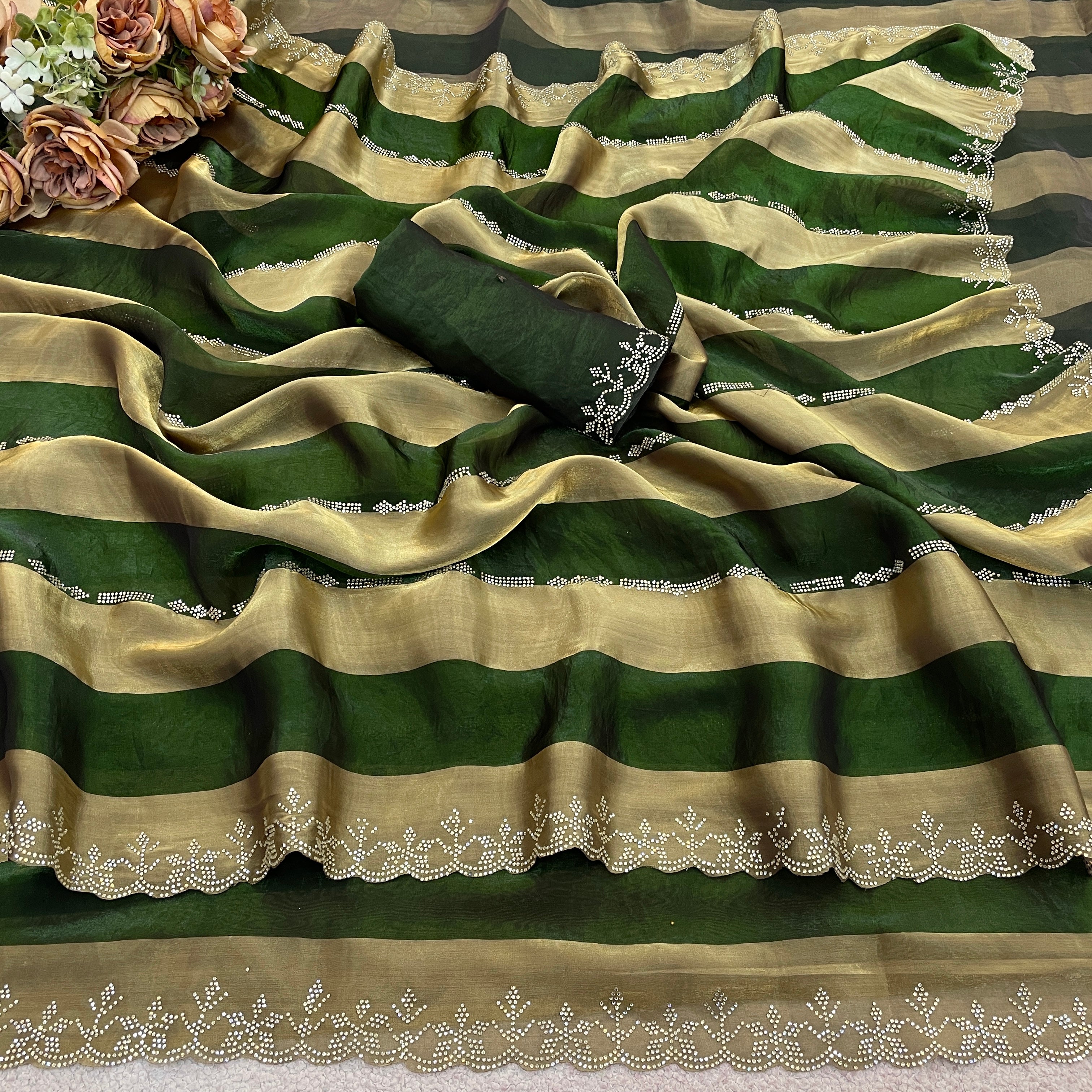 SANCHITA Satin Embellished Embroidered Saree - Mehendi