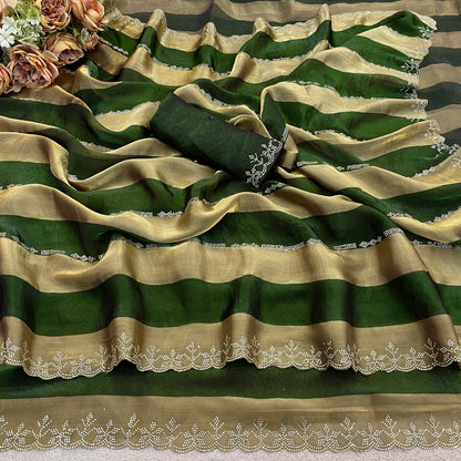 SANCHITA Satin Embellished Embroidered Saree - Mehendi