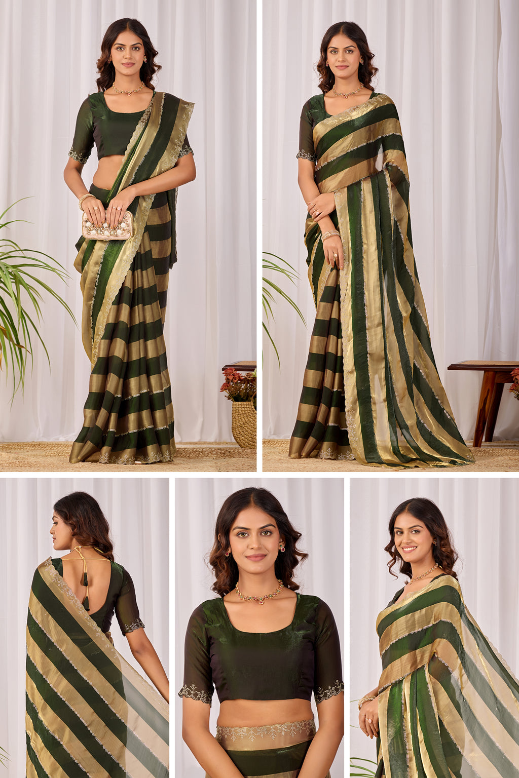 SANCHITA Satin Embellished Embroidered Saree - Mehendi