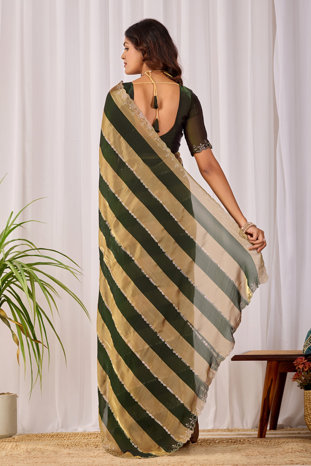 SANCHITA Satin Embellished Embroidered Saree - Mehendi
