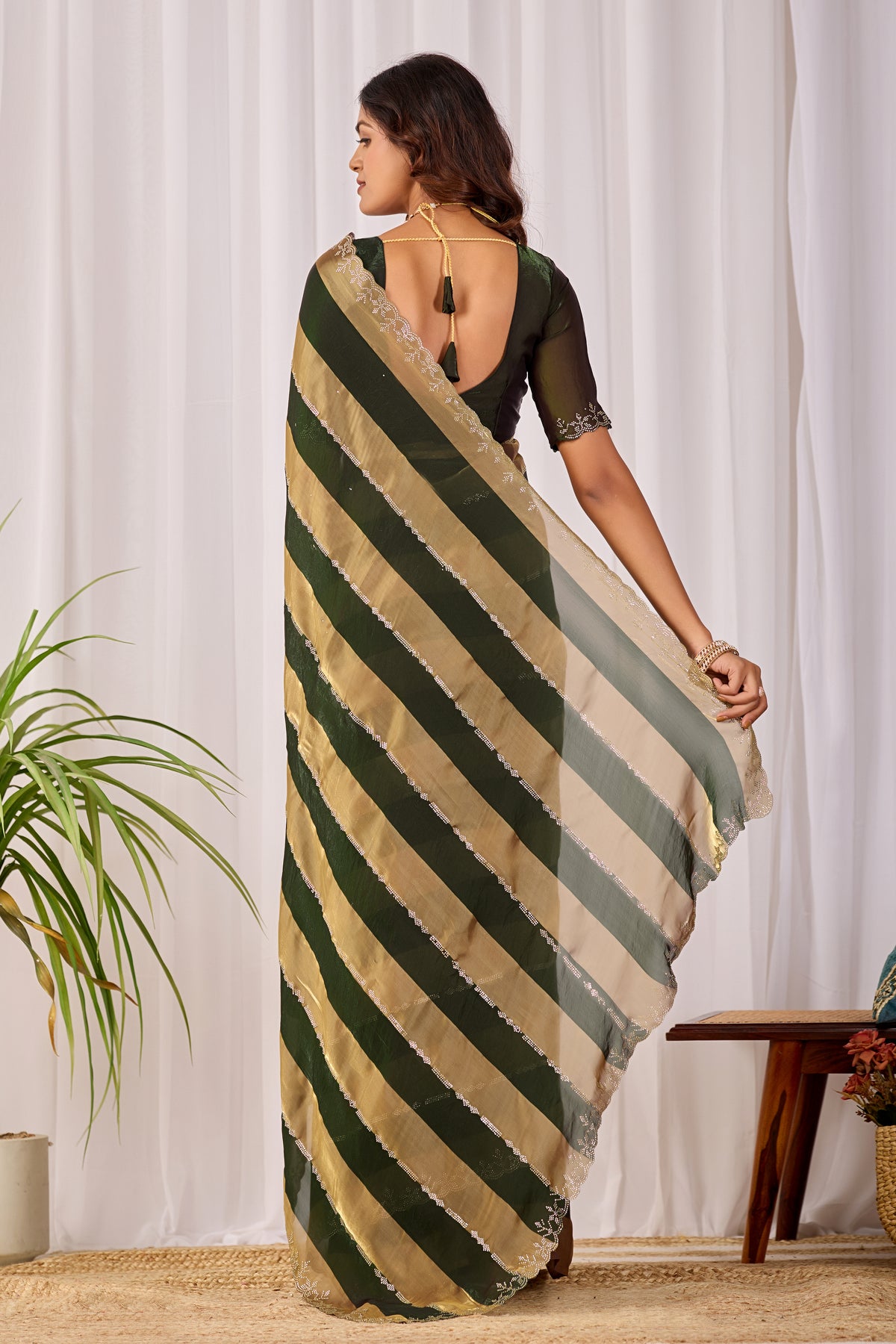 SANCHITA Satin Embellished Embroidered Saree - Mehendi