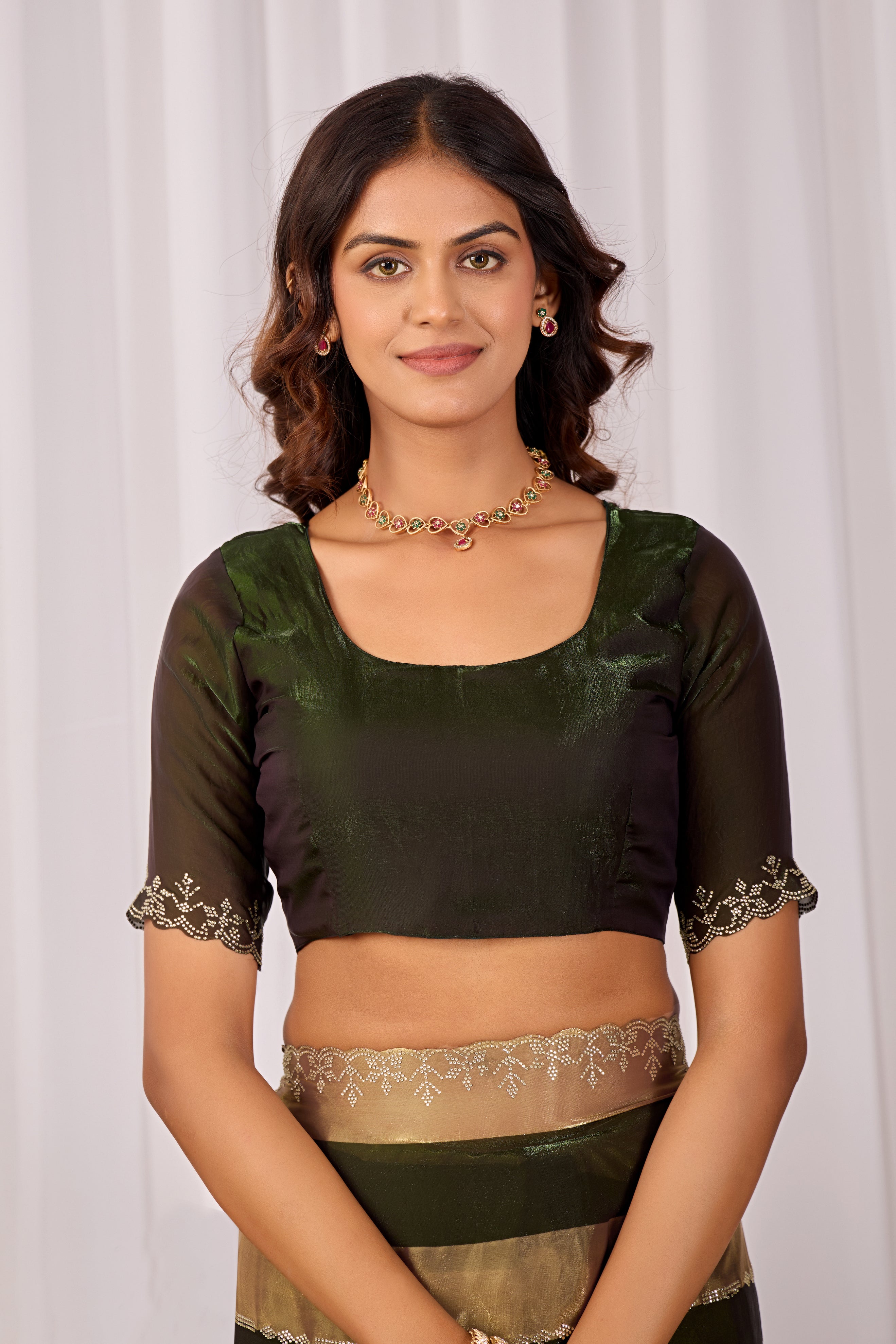 SANCHITA Satin Embellished Embroidered Saree - Mehendi