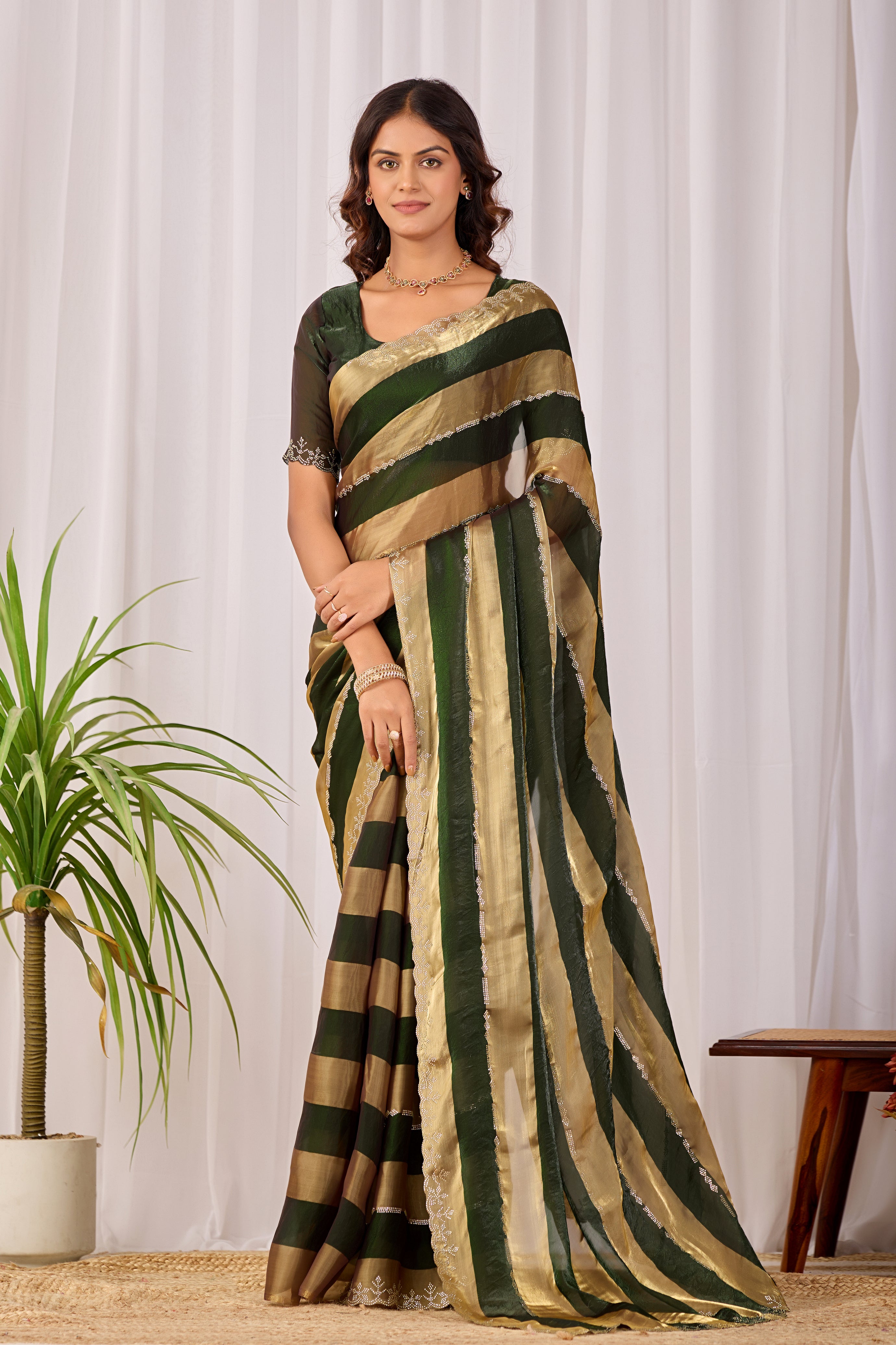 SANCHITA Satin Embellished Embroidered Saree - Mehendi