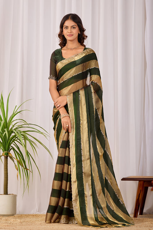 SANCHITA Satin Embellished Embroidered Saree - Mehendi