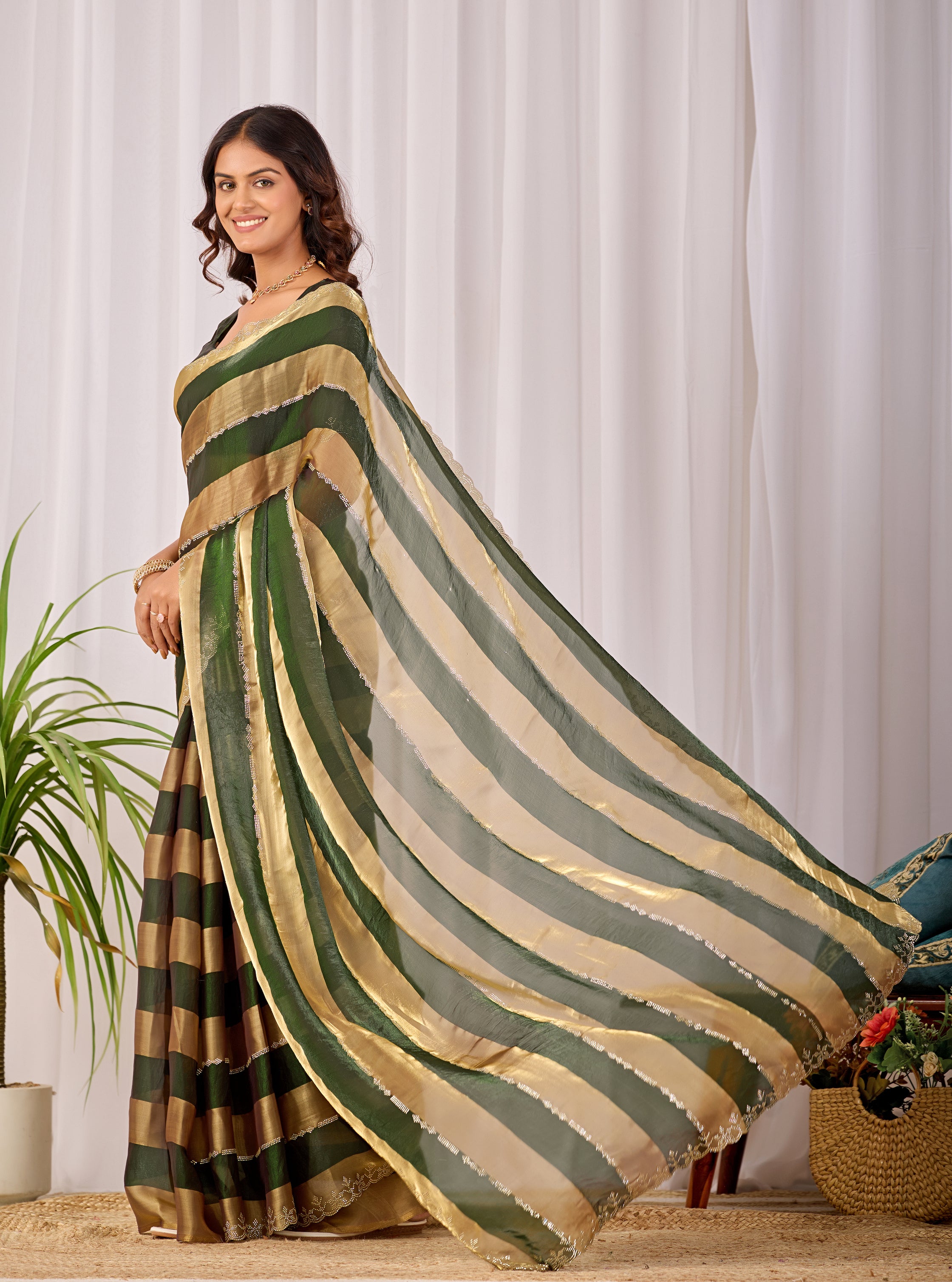 SANCHITA Satin Embellished Embroidered Saree - Mehendi