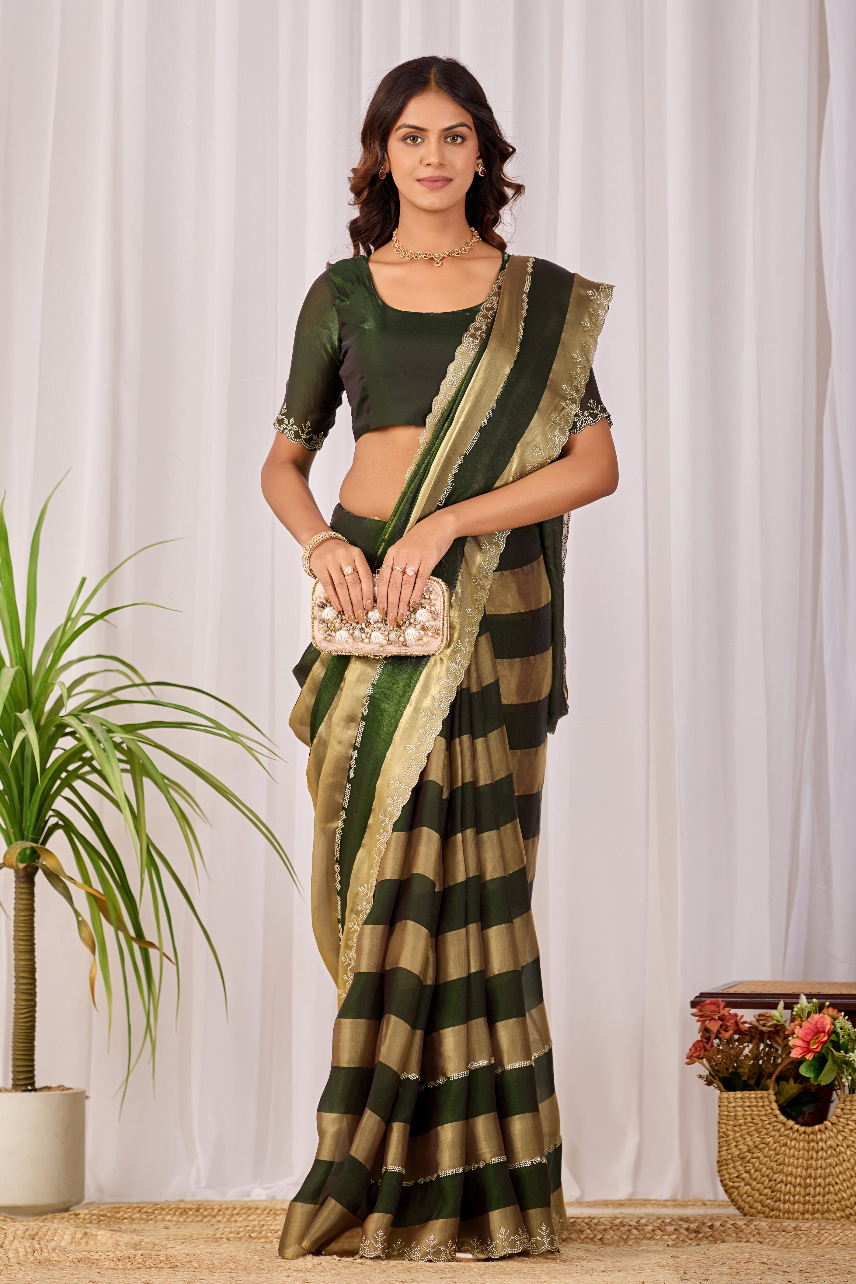 SANCHITA Satin Embellished Embroidered Saree - Mehendi