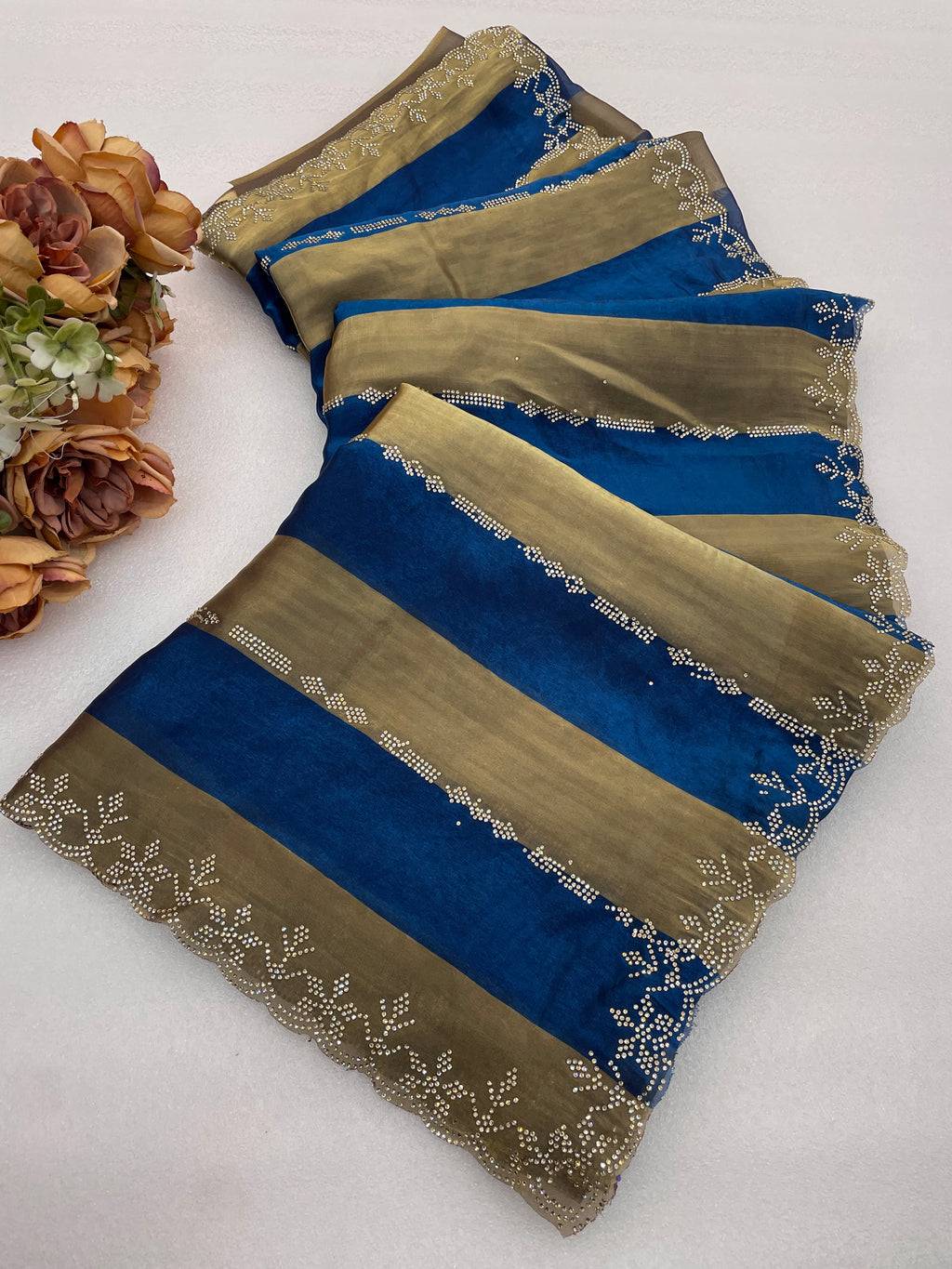 SANCHITA Satin Embellished Embroidered Saree - Mor Peach
