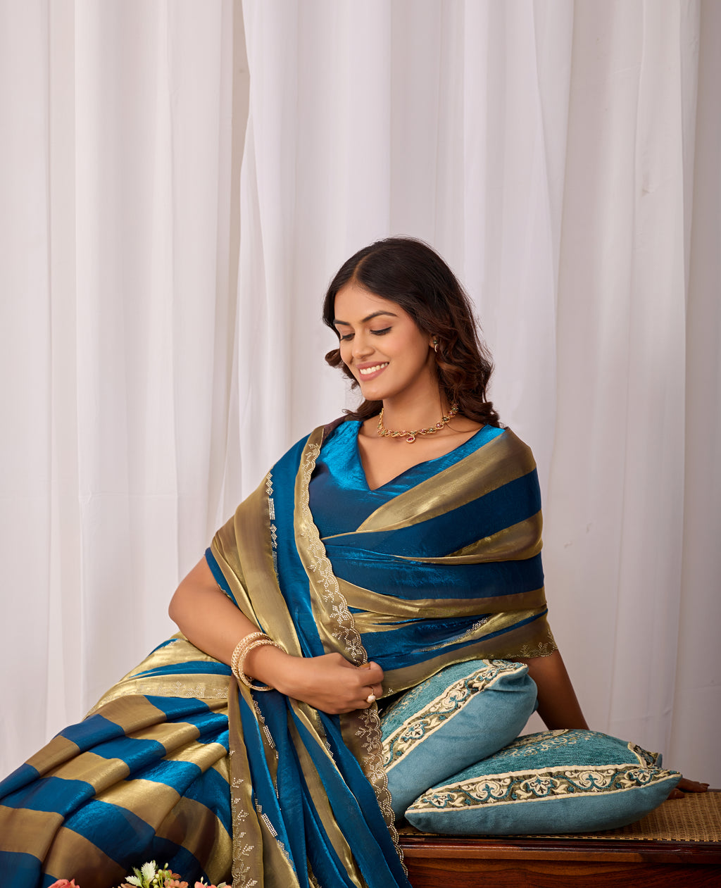 SANCHITA Satin Embellished Embroidered Saree - Mor Peach