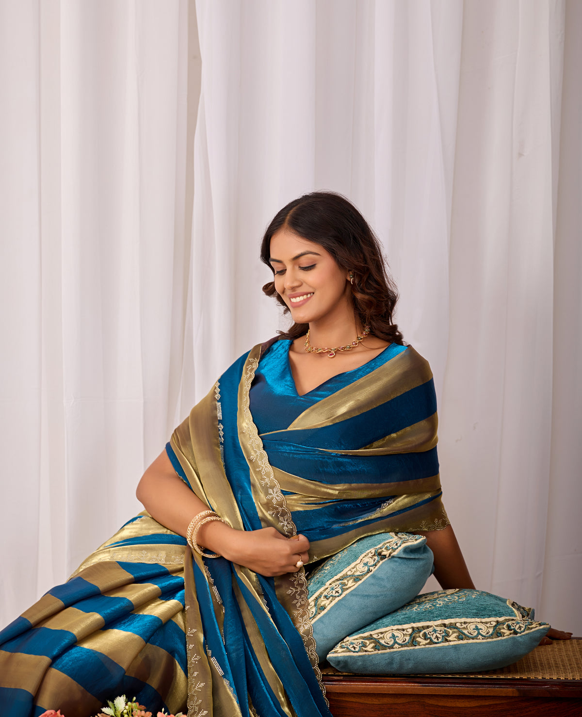 SANCHITA Satin Embellished Embroidered Saree - Mor Peach