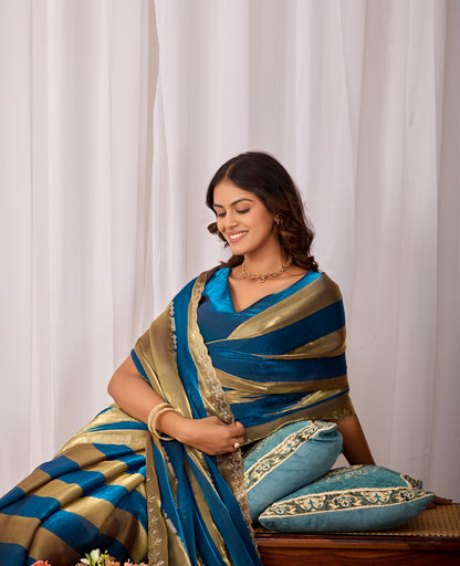 SANCHITA Satin Embellished Embroidered Saree - Mor Peach