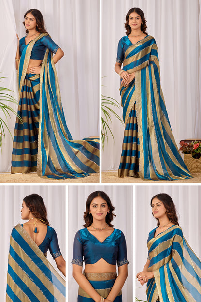 SANCHITA Satin Embellished Embroidered Saree - Mor Peach