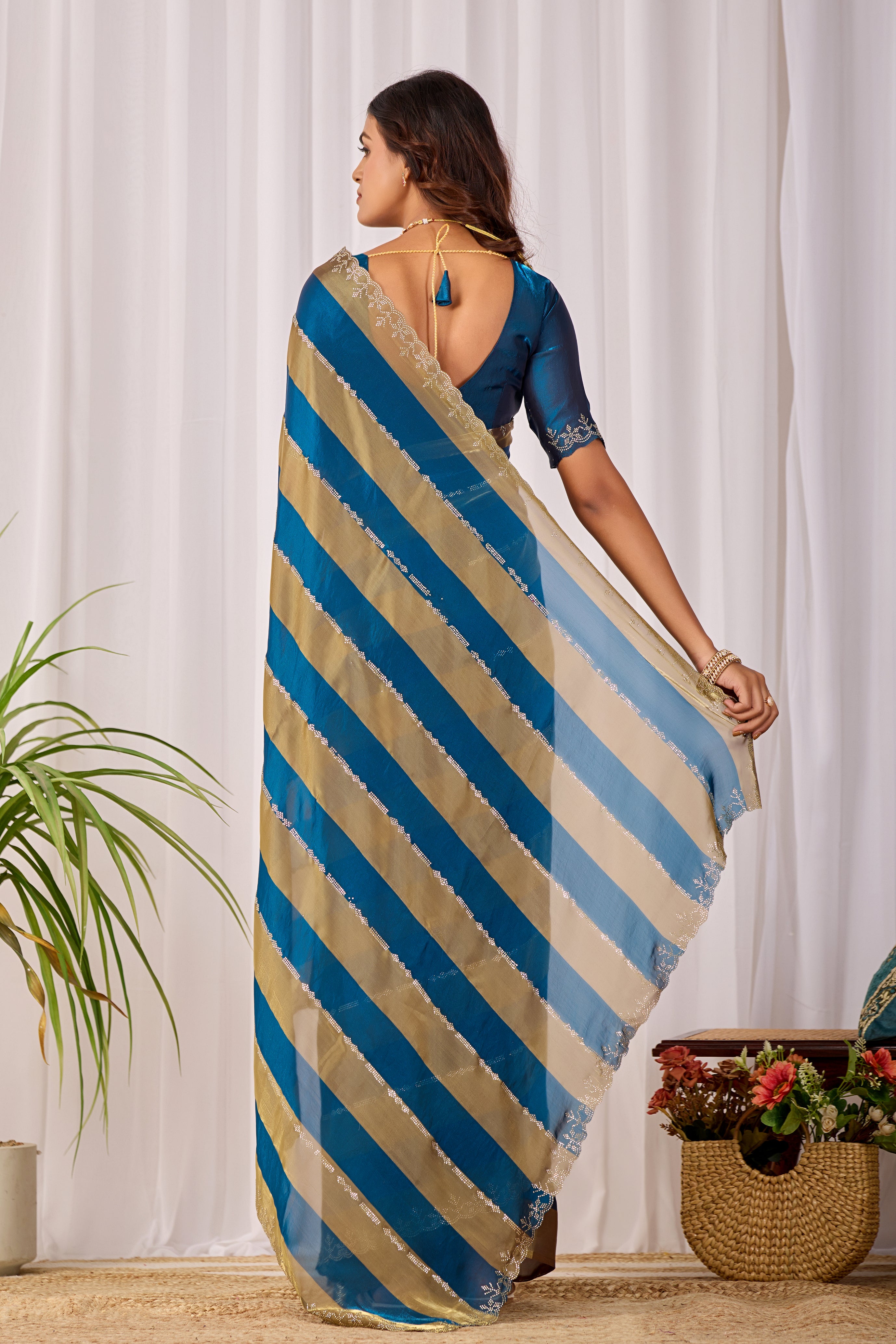 SANCHITA Satin Embellished Embroidered Saree - Mor Peach