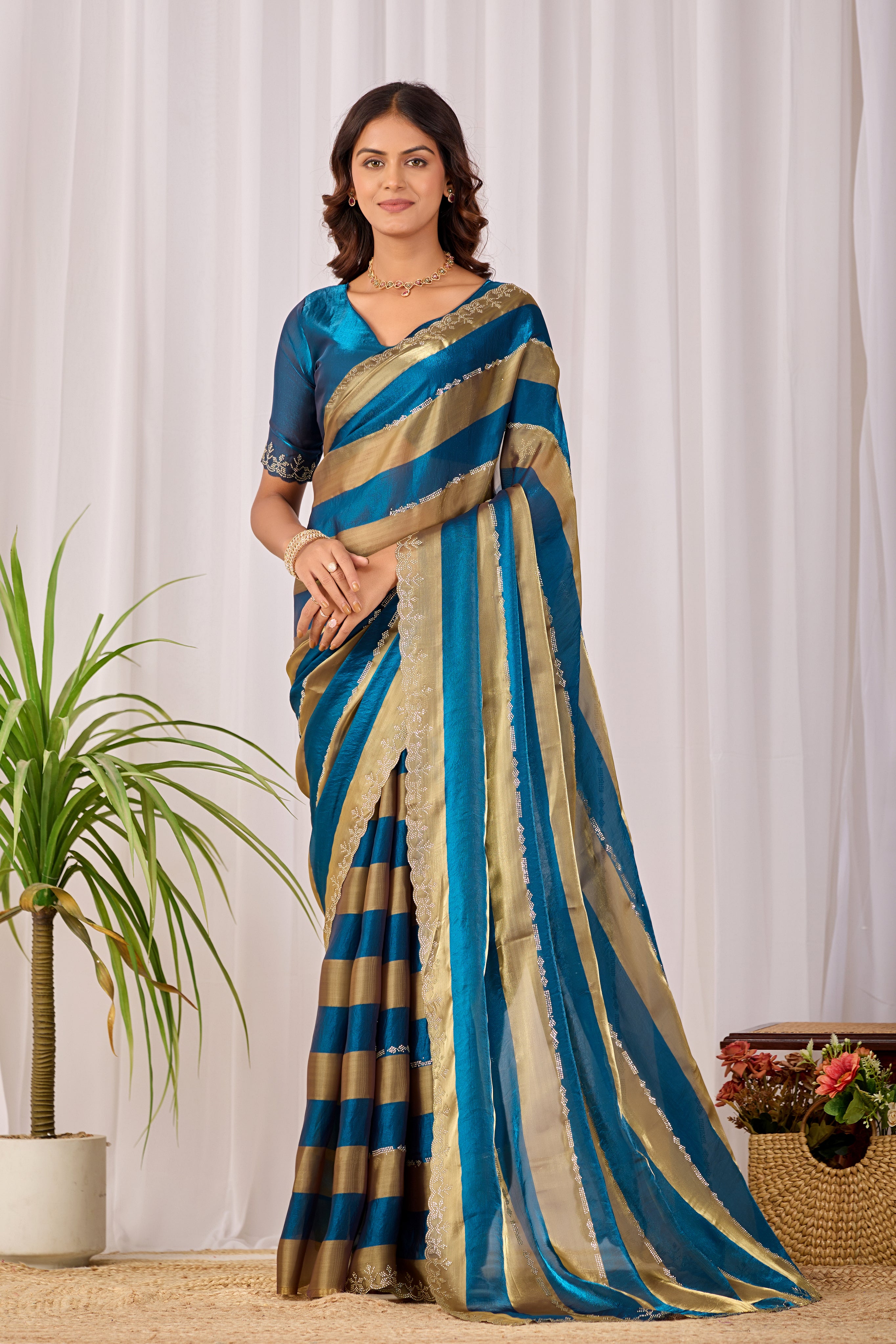 SANCHITA Satin Embellished Embroidered Saree - Mor Peach