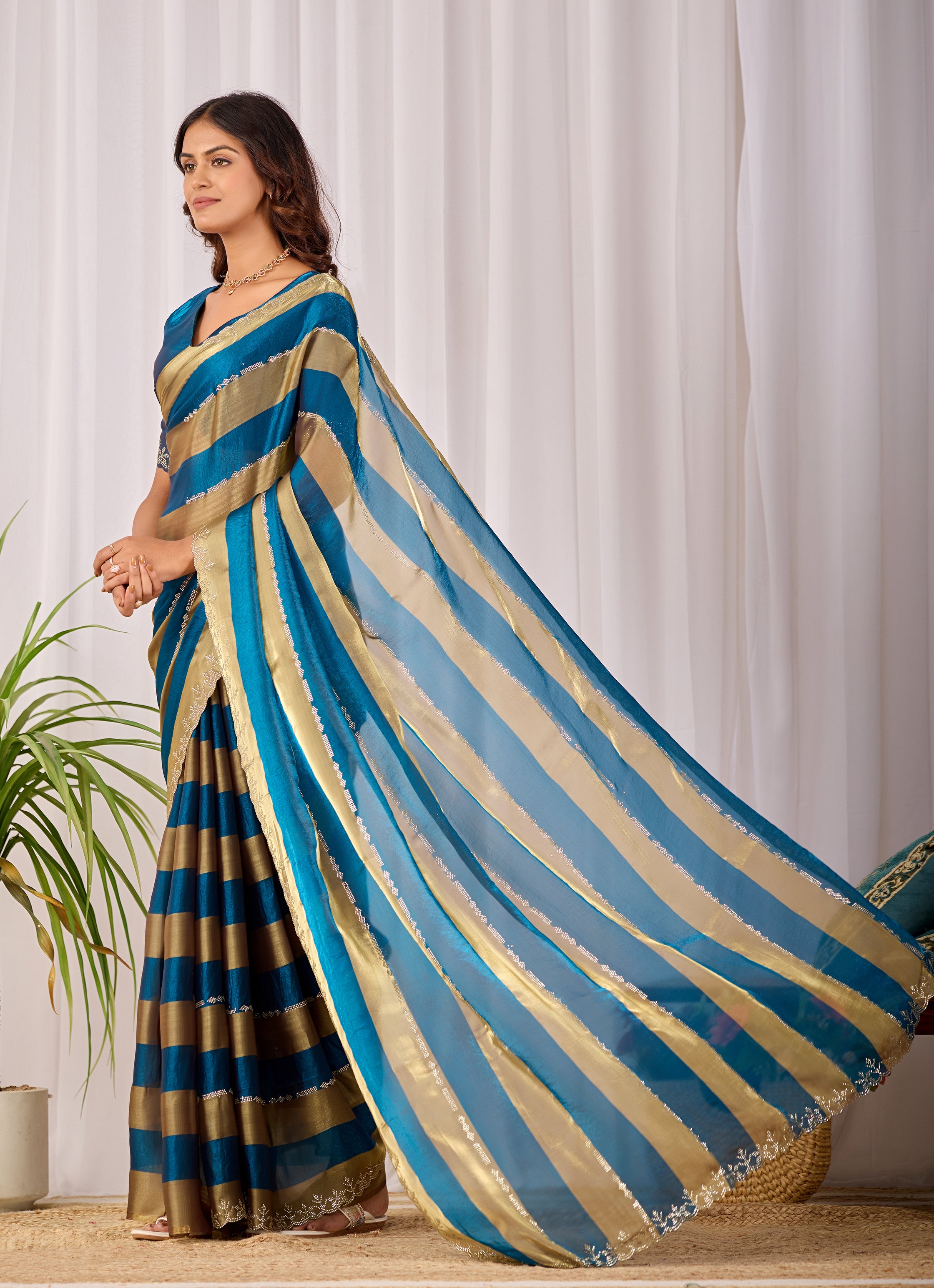 SANCHITA Satin Embellished Embroidered Saree - Mor Peach
