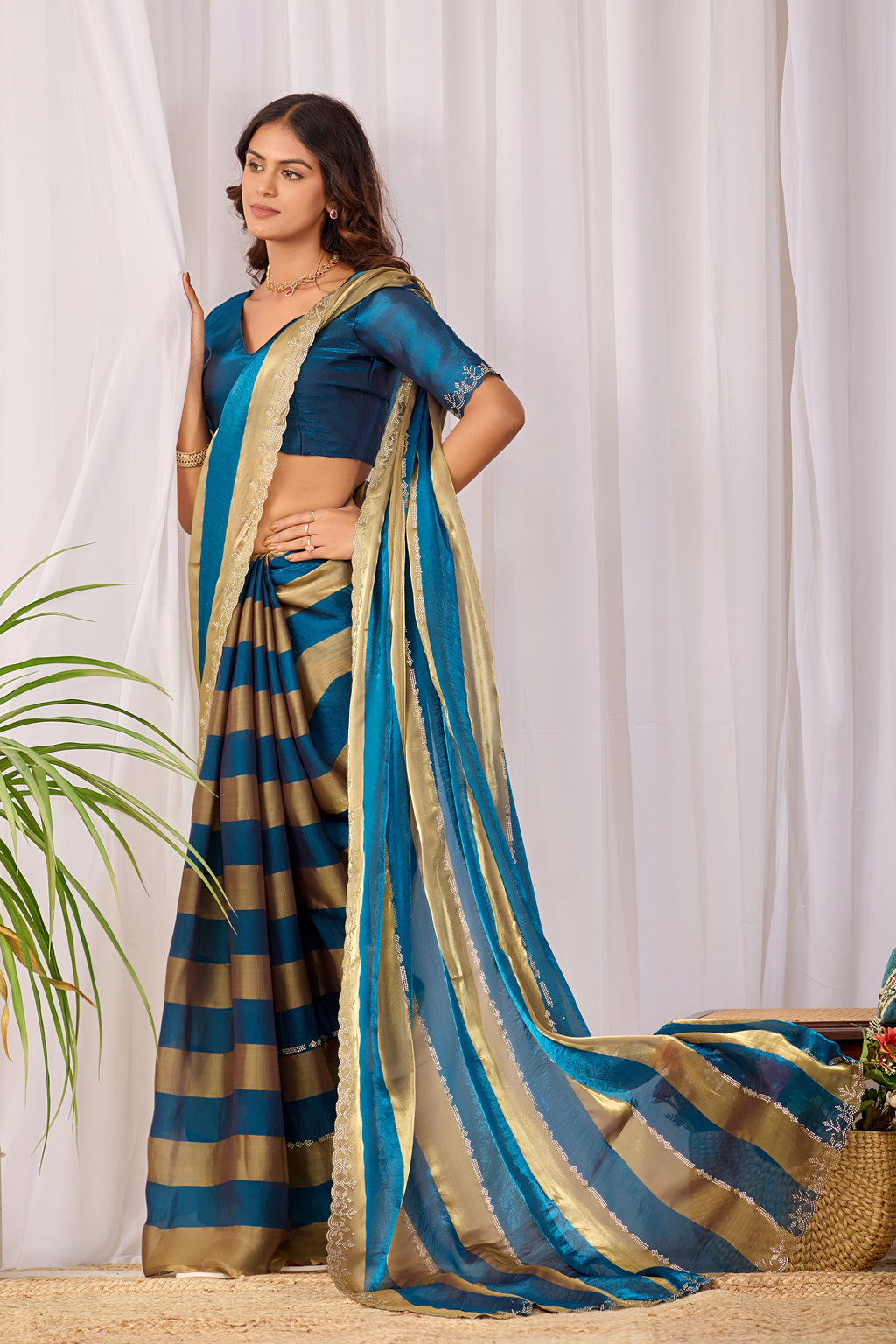 SANCHITA Satin Embellished Embroidered Saree - Mor Peach