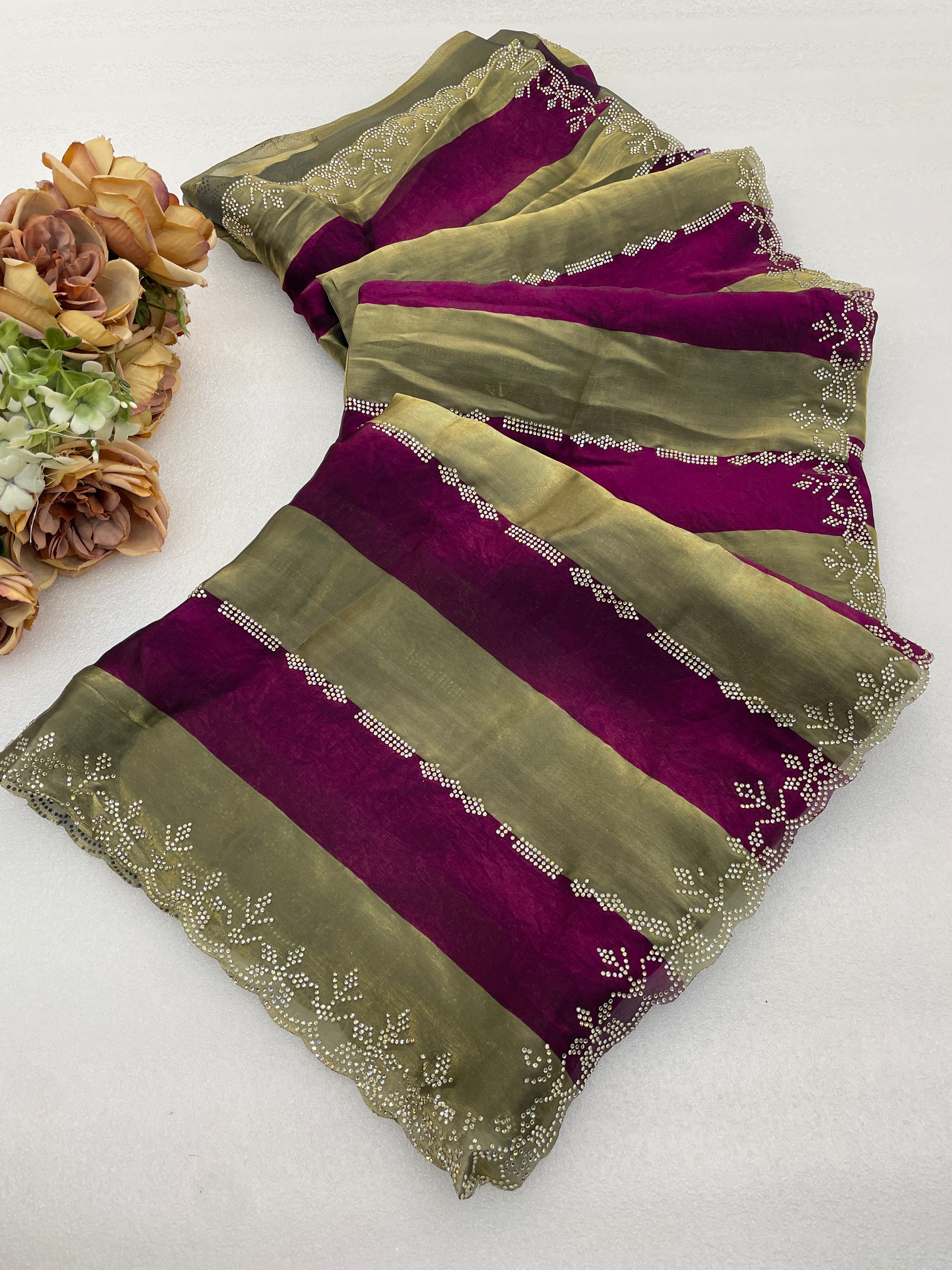 SANCHITA Satin Embellished Embroidered Saree - Wine