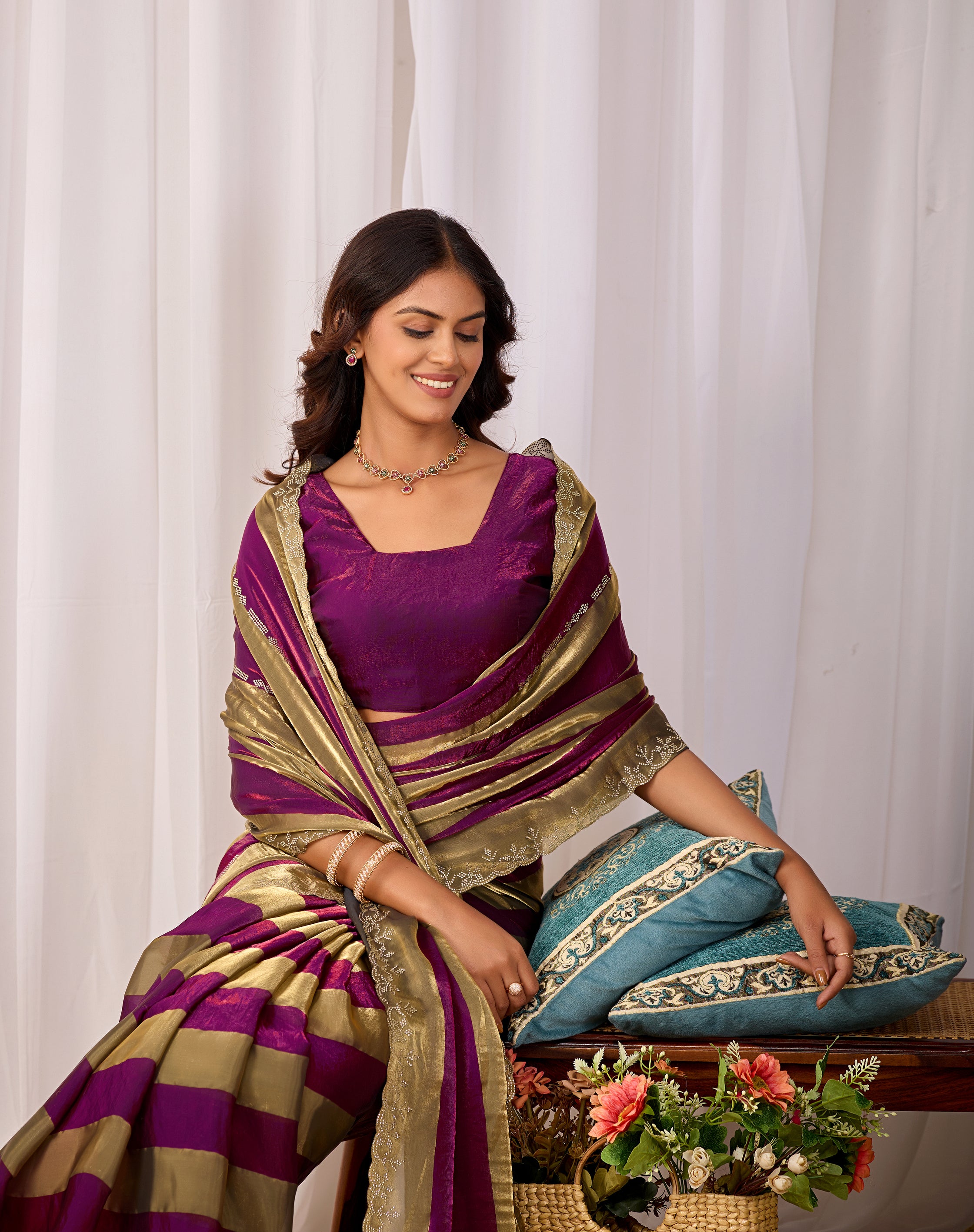 SANCHITA Satin Embellished Embroidered Saree - Wine