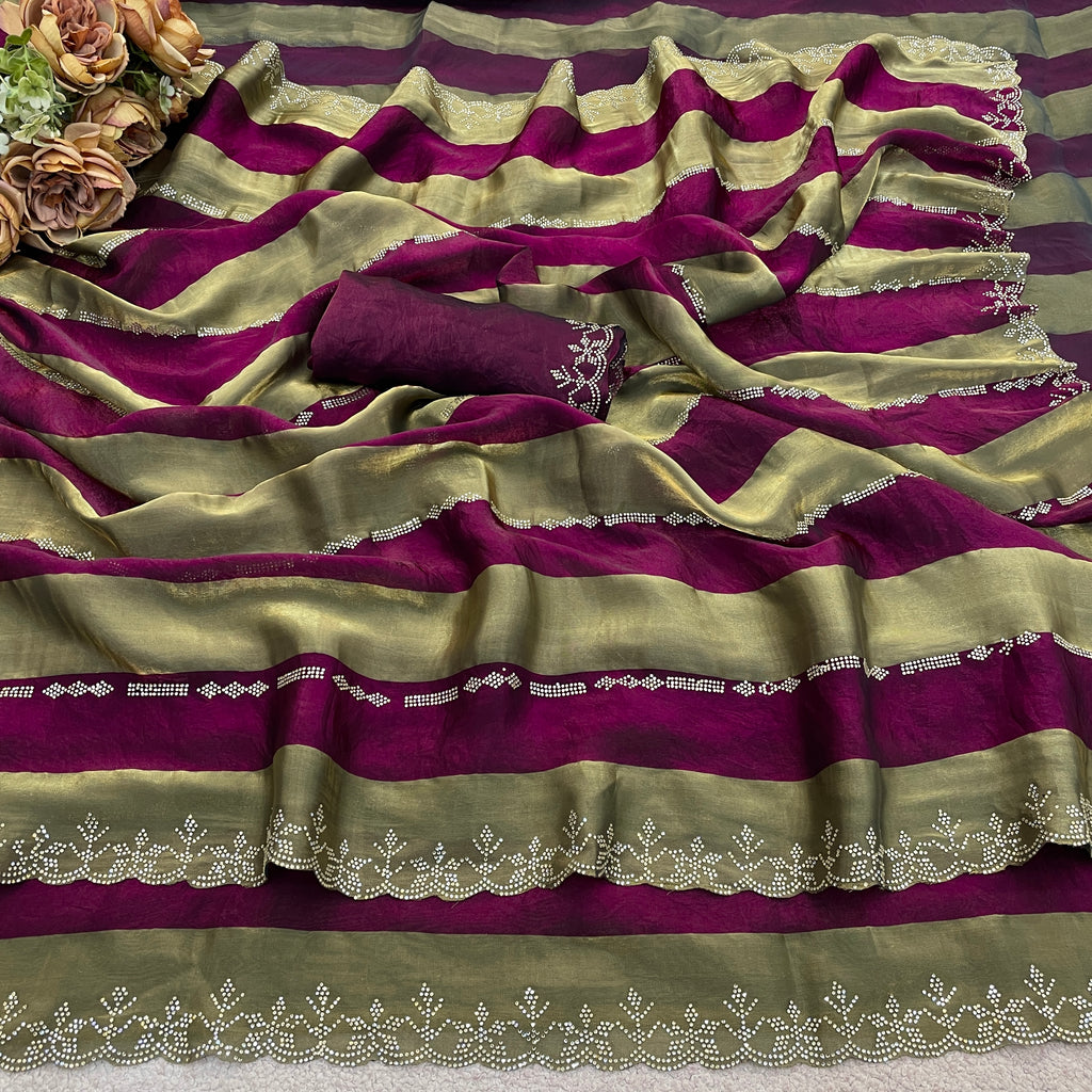SANCHITA Satin Embellished Embroidered Saree - Wine