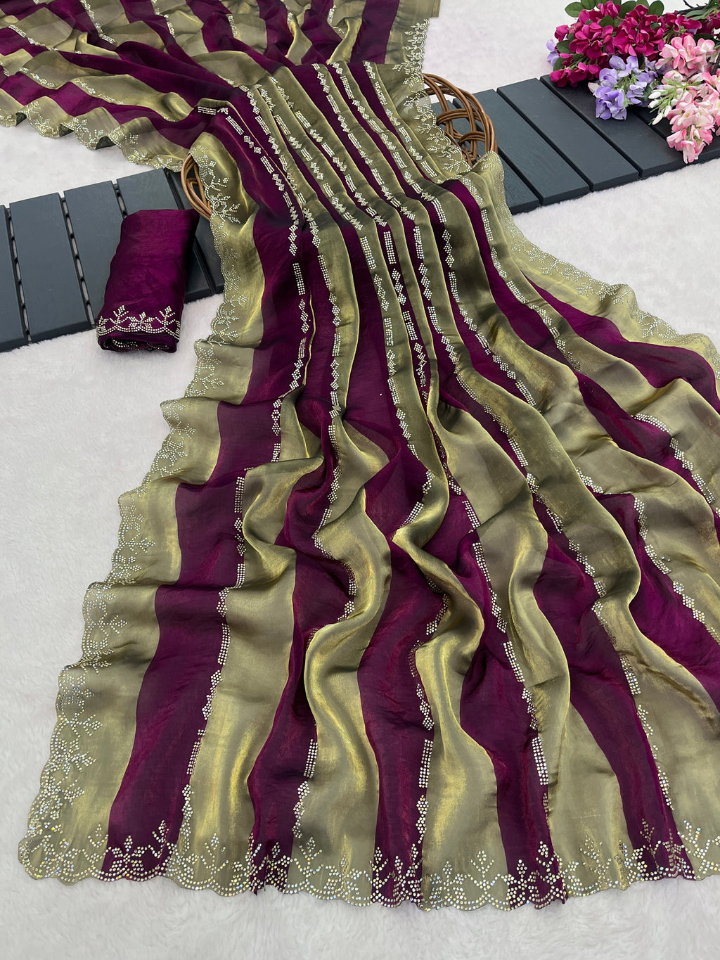 SANCHITA Satin Embellished Embroidered Saree - Wine