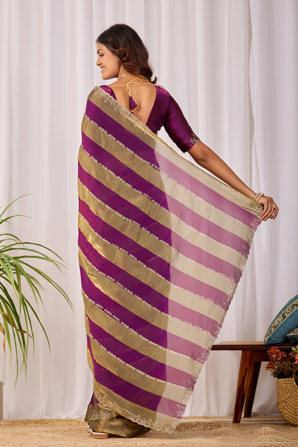 SANCHITA Satin Embellished Embroidered Saree - Wine